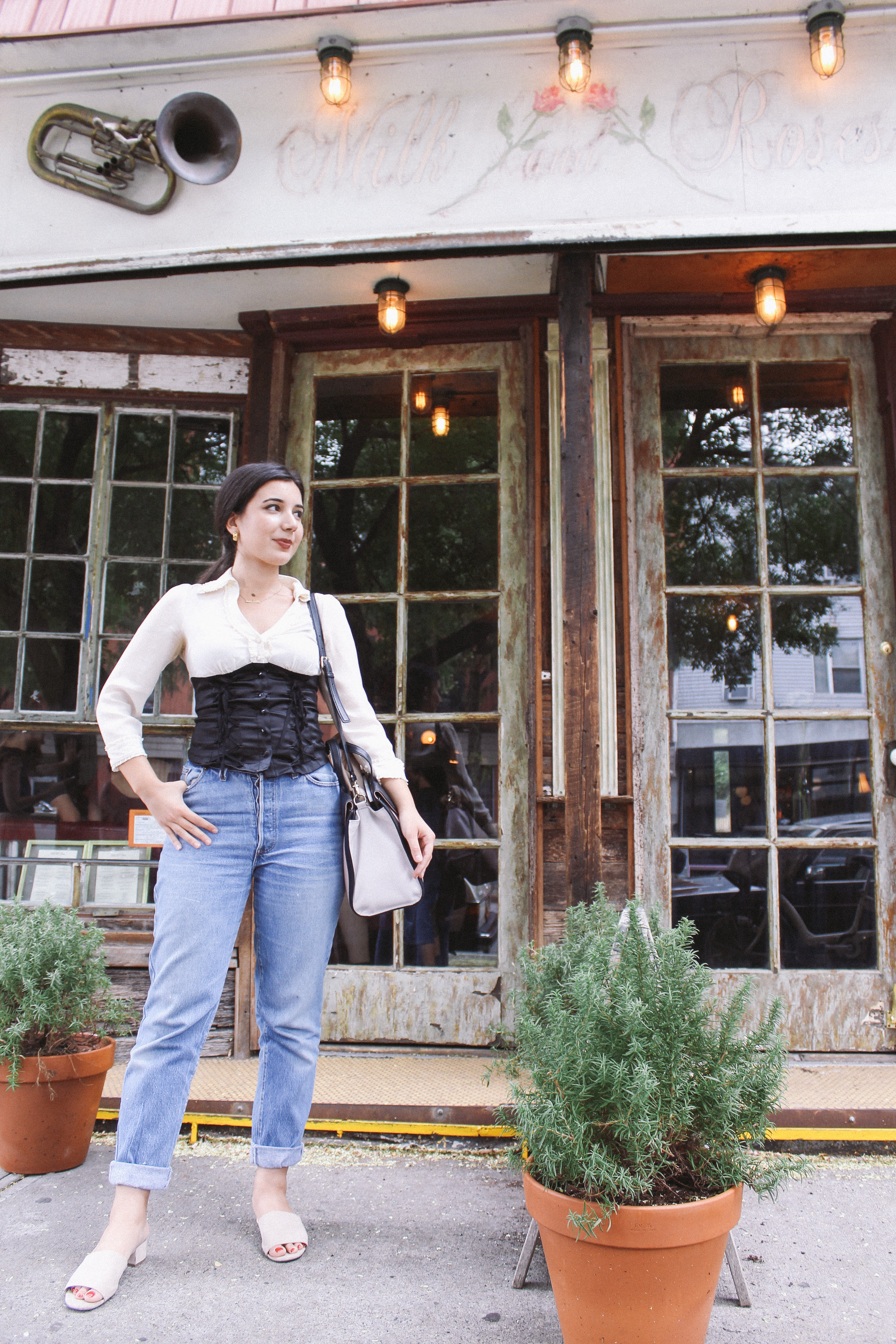 Milk and Roses, Brooklyn, lookbook, corset, blouse, slides, mules, Kate Spade, fashion blogger, style, fashion, high fashion, every day look, outfit of the day, ootd, Levis, books, coffee, tea, coffee shop, New York