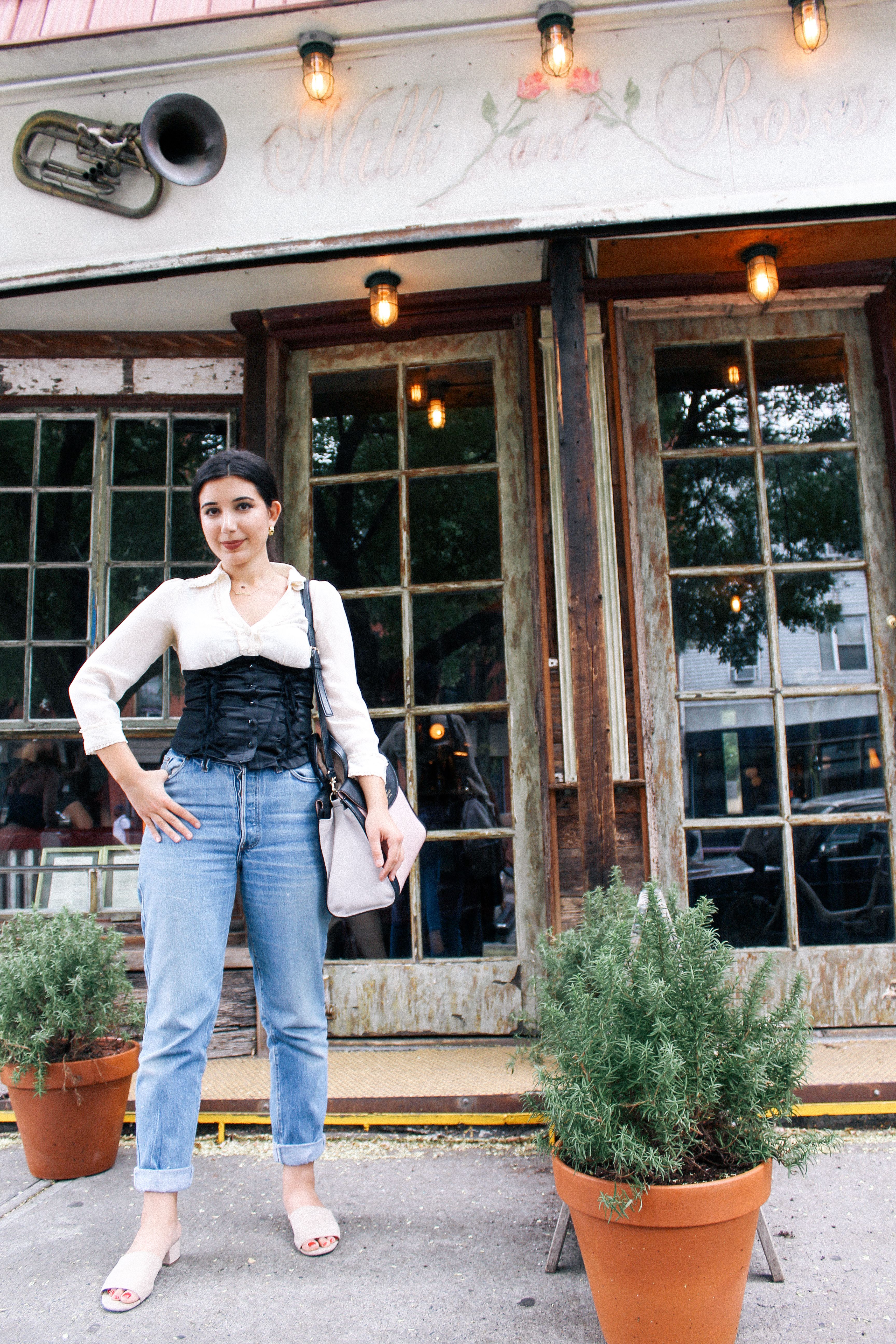 Milk and Roses, Brooklyn, lookbook, corset, blouse, slides, mules, Kate Spade, fashion blogger, style, fashion, high fashion, every day look, outfit of the day, ootd, Levis, books, coffee, tea, coffee shop, New York