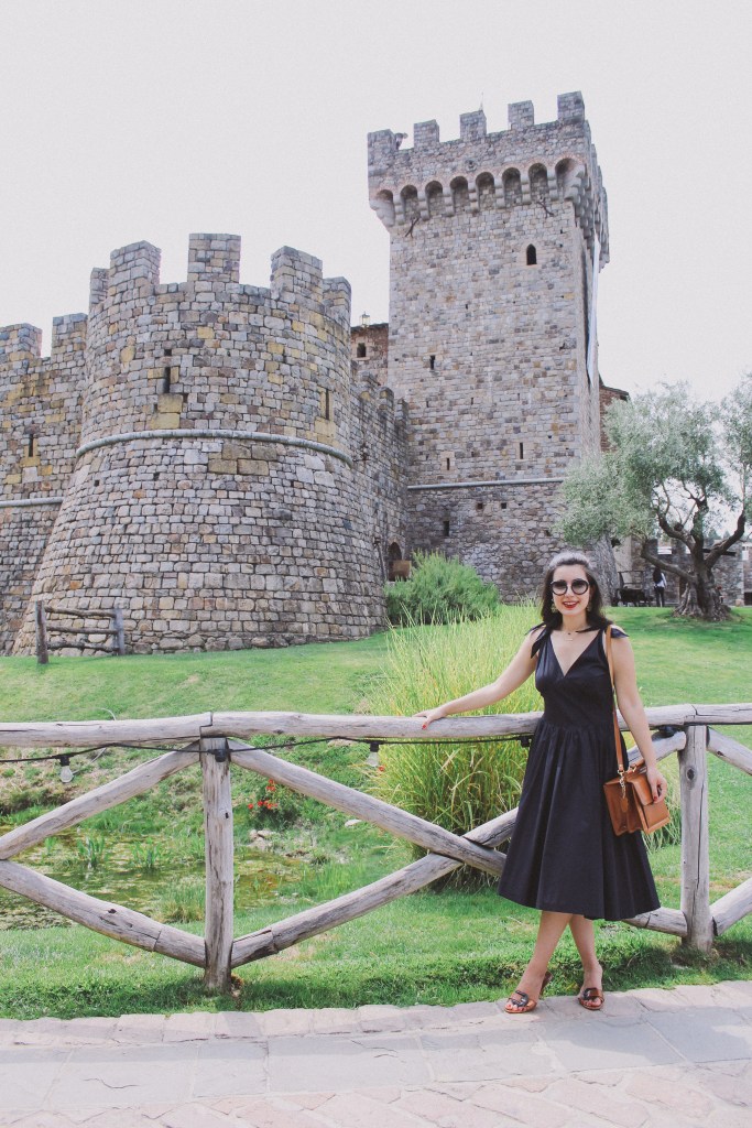 Castello di Amorosa, Napa Valley, wine tasting, Medieval, The Middle Ages, castle, Castello di Amorosa, Calistoga, architecture, Napa outfit, black dress, Fendi, Prada, lookbook, summer style, classic style, chic