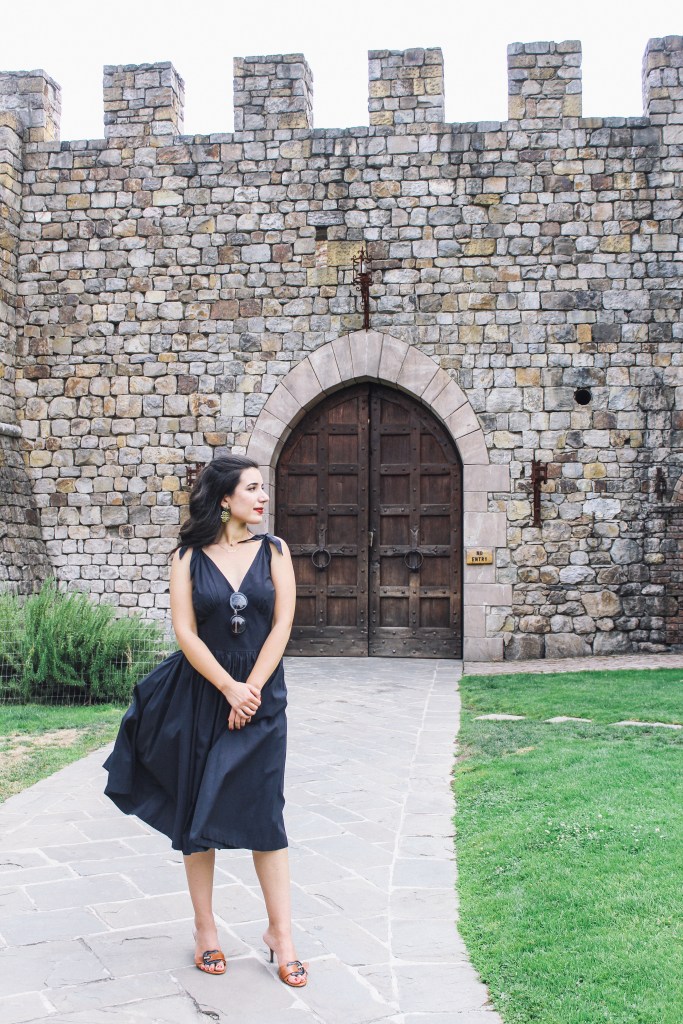 Castello di Amorosa, Napa Valley, wine tasting, Medieval, The Middle Ages, castle, Castello di Amorosa, Calistoga, architecture, Napa outfit, black dress, Fendi, Prada, lookbook, summer style, classic style, chic, fashion editorial