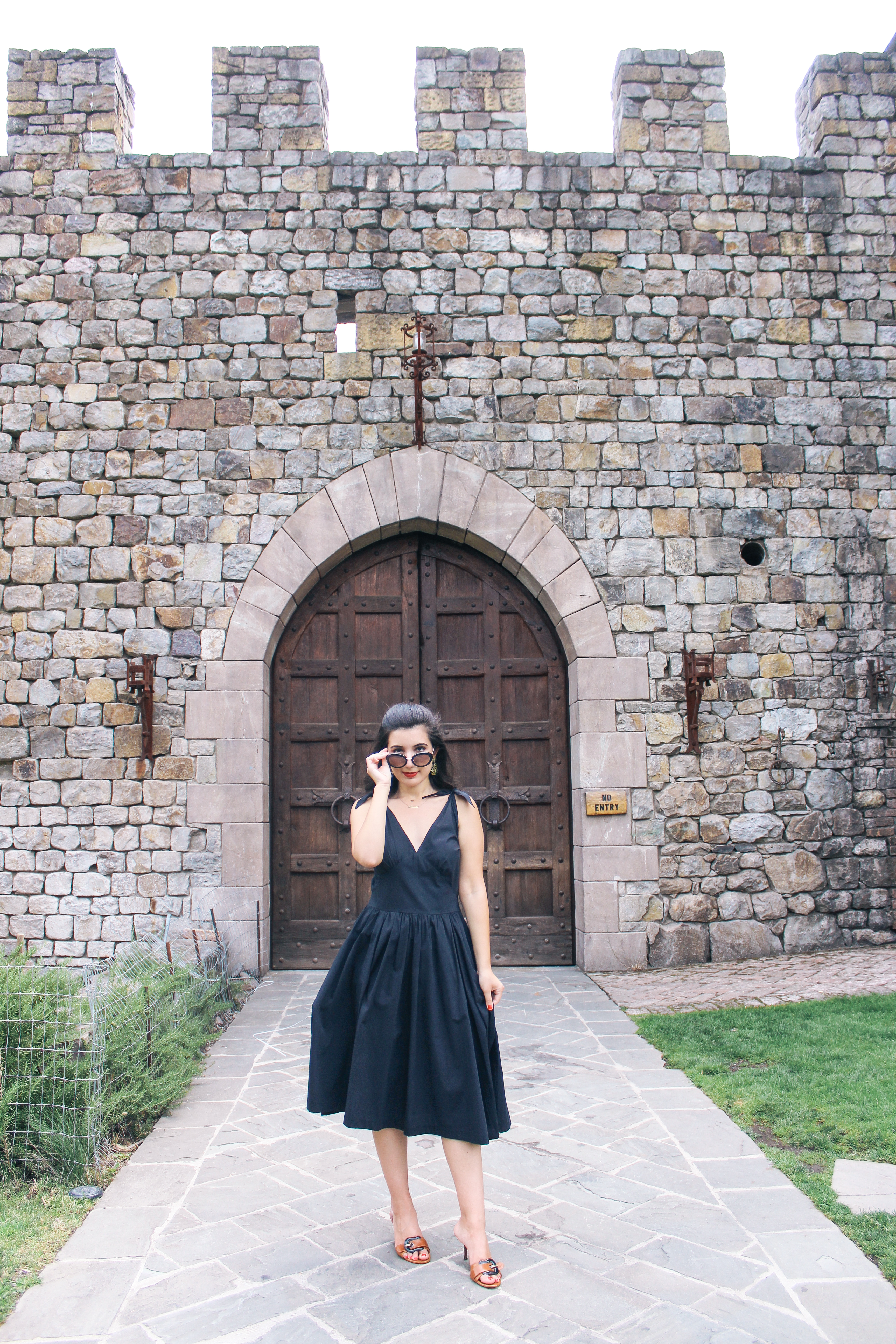 Castello di Amorosa, Napa Valley, wine tasting, Medieval, The Middle Ages, castle, Castello di Amorosa, Calistoga, architecture, Napa outfit, black dress, Fendi, Prada, lookbook, summer style, classic style, chic, fashion editorial