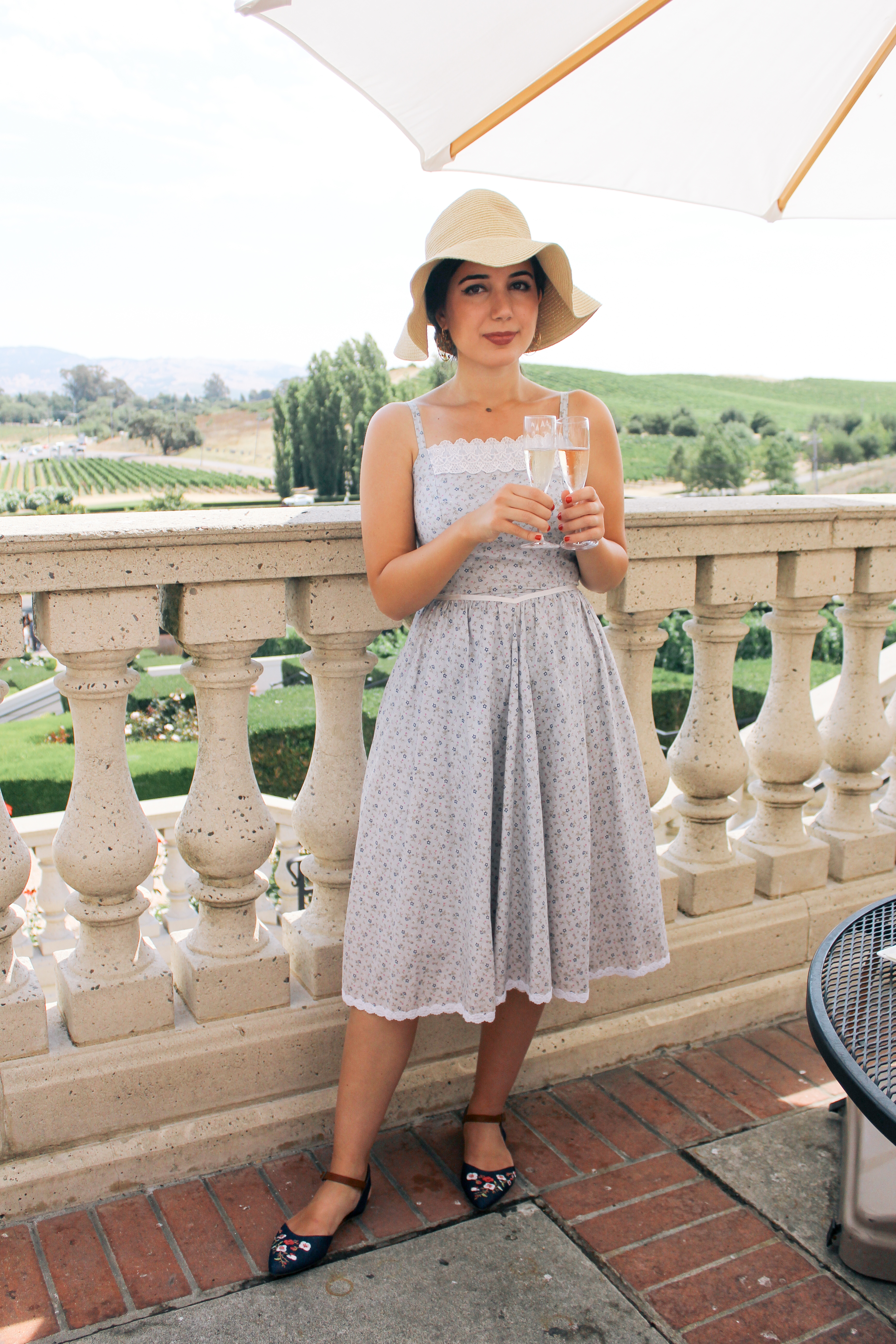 Domaine Carneros Winery, Napa outfit, Napa Valley, landscape photography, sundress, ootd, vintage dress, floppy hat, embellished flats, summer style, sparkling wine