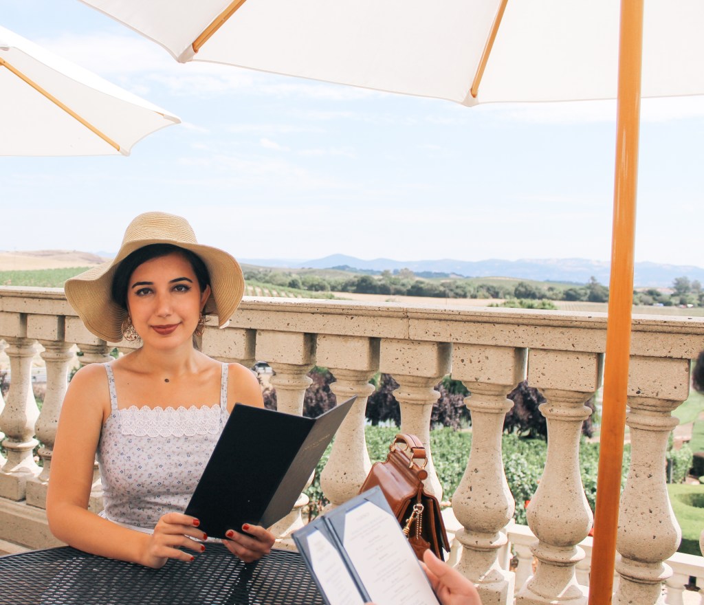 Domaine Carneros Winery, Napa outfit, Napa Valley, landscape photography, sundress, ootd, vintage dress, floppy hat, embellished flats, summer style