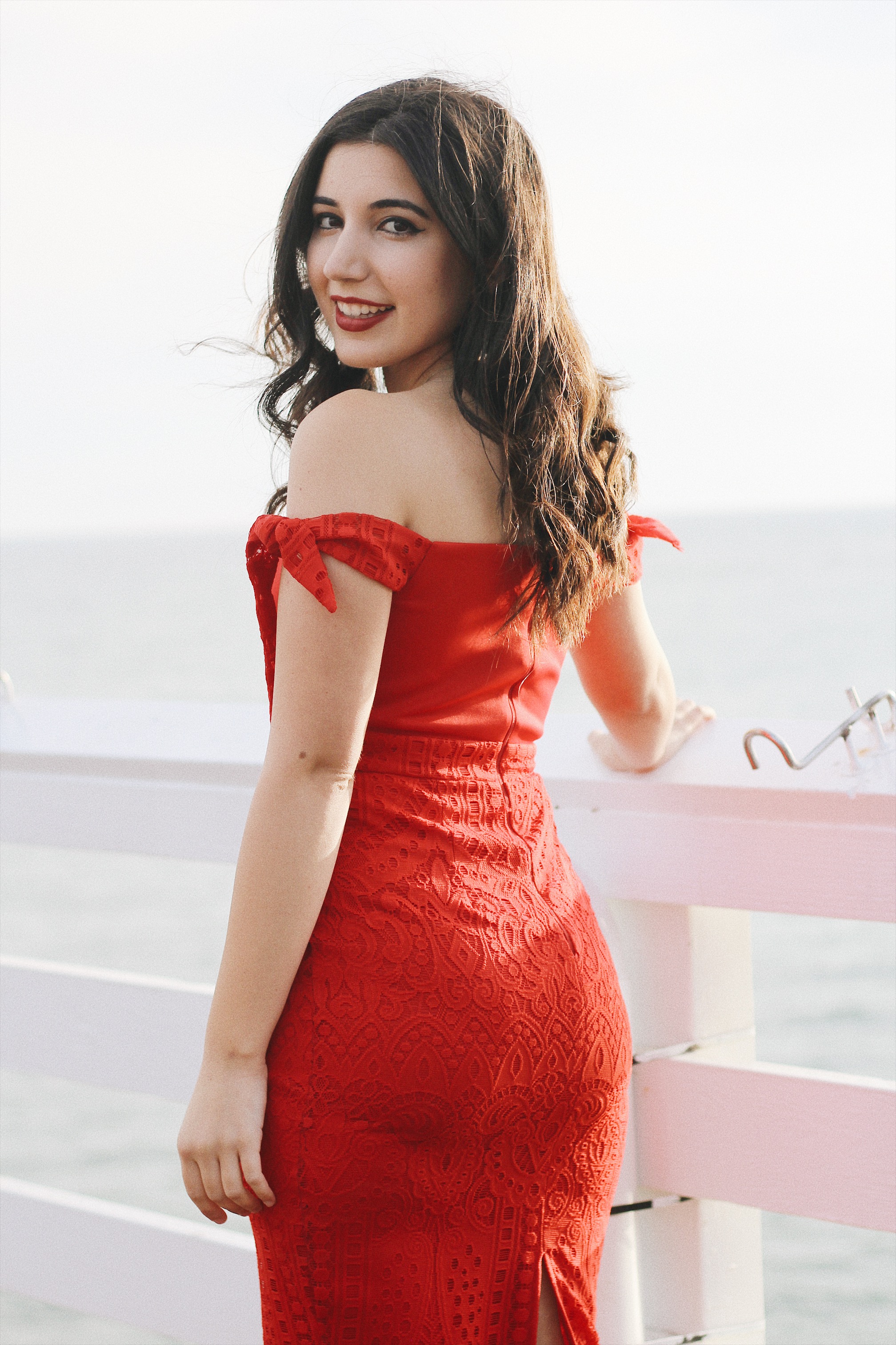 ASOS, Red, lookbook, off the shoulder, dress, formal dress, red dress, lace dress, fashion, fashion blogger, Malibu Farm, Malibu Pier, California, LA Style, evening style, red lips, curly hair, Old Hollywood, sorority formal photos, photography, VSCO Cam, VSCO fashion, curly hair