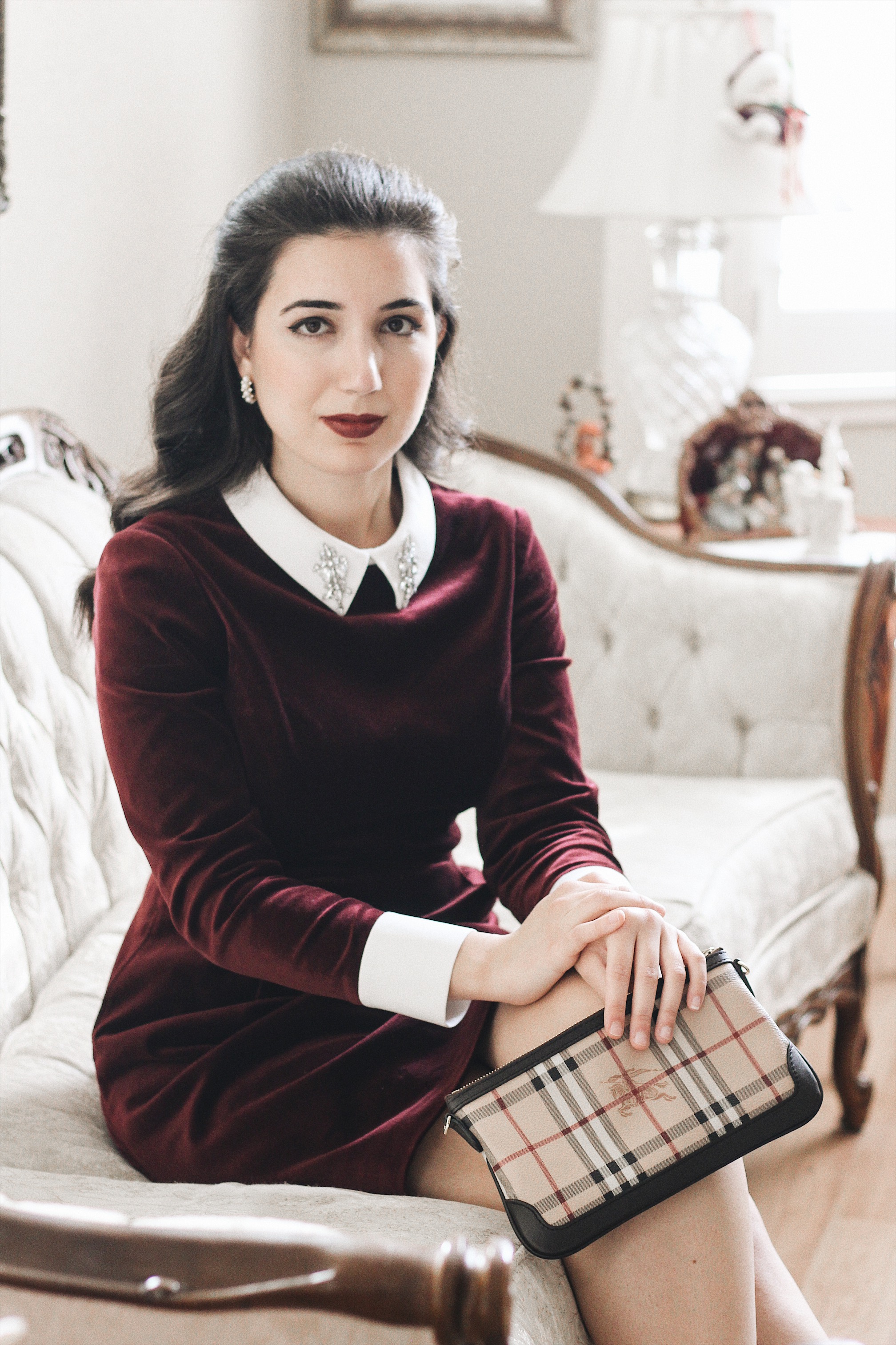 Ted Baker, Ted Baker dress, burgundy, hair bow, rhinestone collar, Coach, Coach pumps, pumps, dress, velvet dress, lookbook, fashion blogger, fashion, style, Christmas style, Christmas fashion