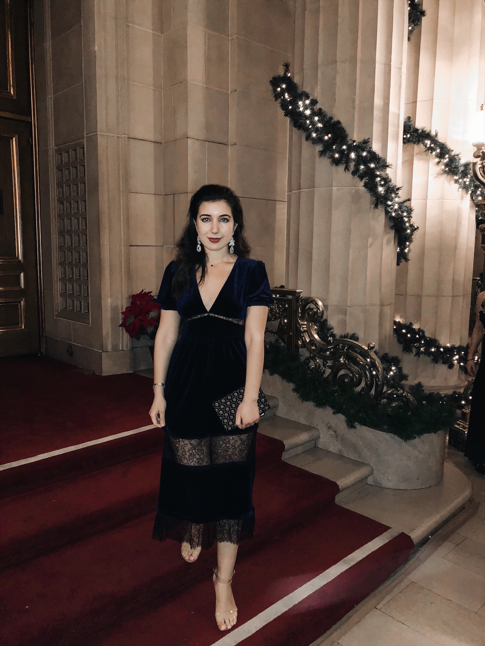 Topshop Dress, velvet dress, Topshop, lookbook, fashion blogger, fashion, high fashion, vintage fashion, San Francisco fashion blogger, San Francisco Ballet, Nutcracker Ballet, Christmas, Jeffrey Campbell, clear shoes, naked shoes, teardrop earrings, modest fashion, vsco fashion, winter fashion, theatre, theatre outfit