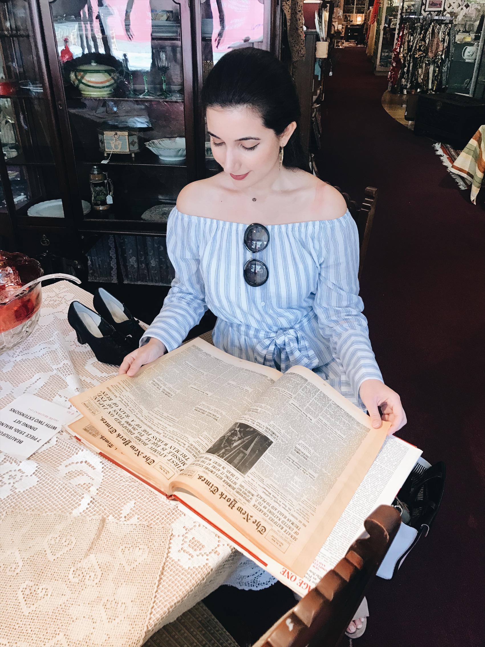 Simplicity in Mind, shop small, lookbook, fashion blogger, Prada, sunglasses, mules, slides, street style, Los Angeles, Pasadena, Norton Simon Museum, antique store, Old Town Pasadena, Lavender and Honey, lipstick, gold hoop earrings, ootd, outfit of the day, California, Los Angeles blogger, LA, arts and culture