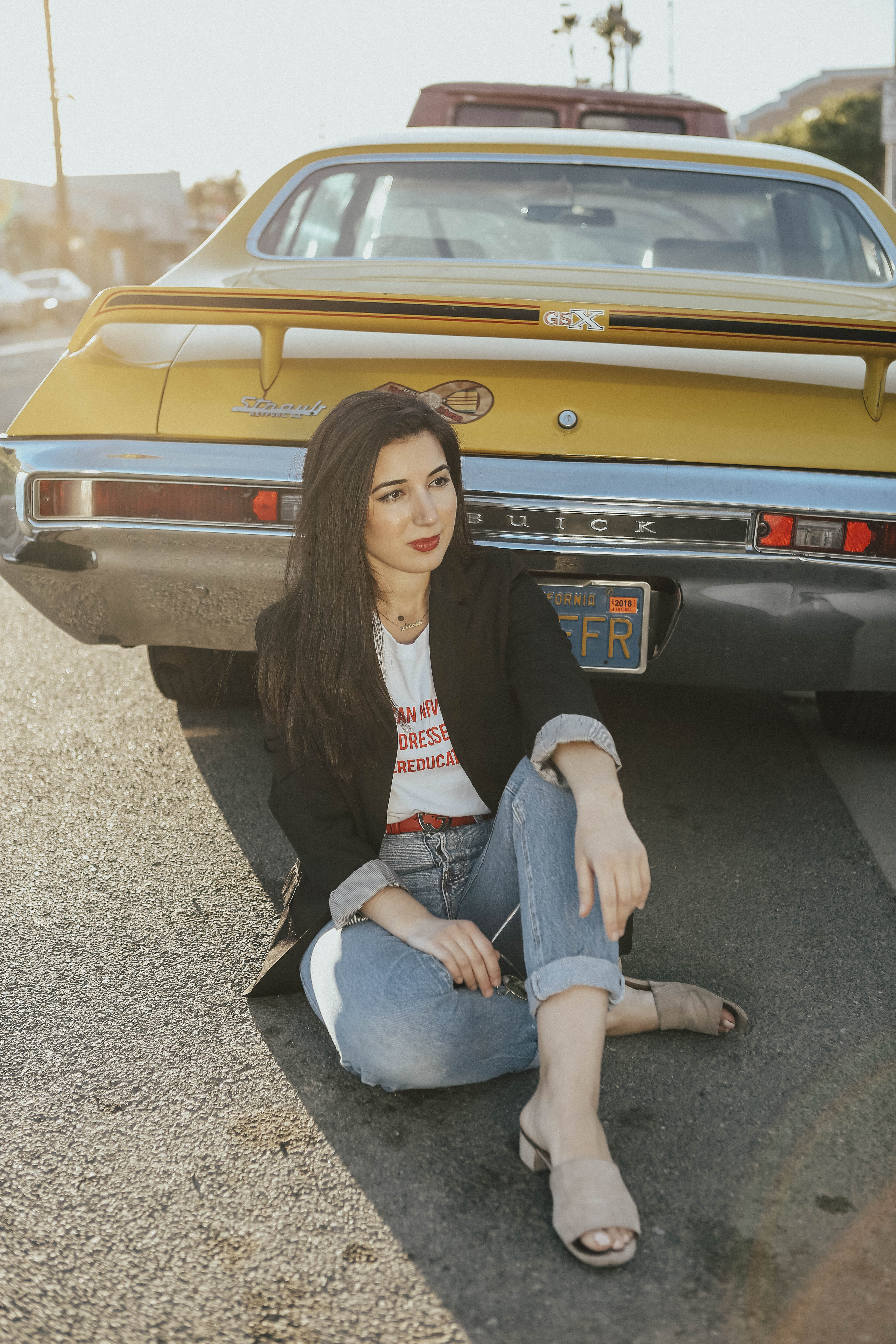 The Style Club, LA, The Style Club La, Gucci, Gucci belt, red lips, Levis, vintage jeans, high waist jeans, T-shirt, blazer, vintage, ootd, outfit of the day, Malibu, ad, sponsored, editorial, fashion blogger, Los Angeles, LA blogger, photography, beauty, fashion, winter fashion, street style, vintage car, retro car, Buick