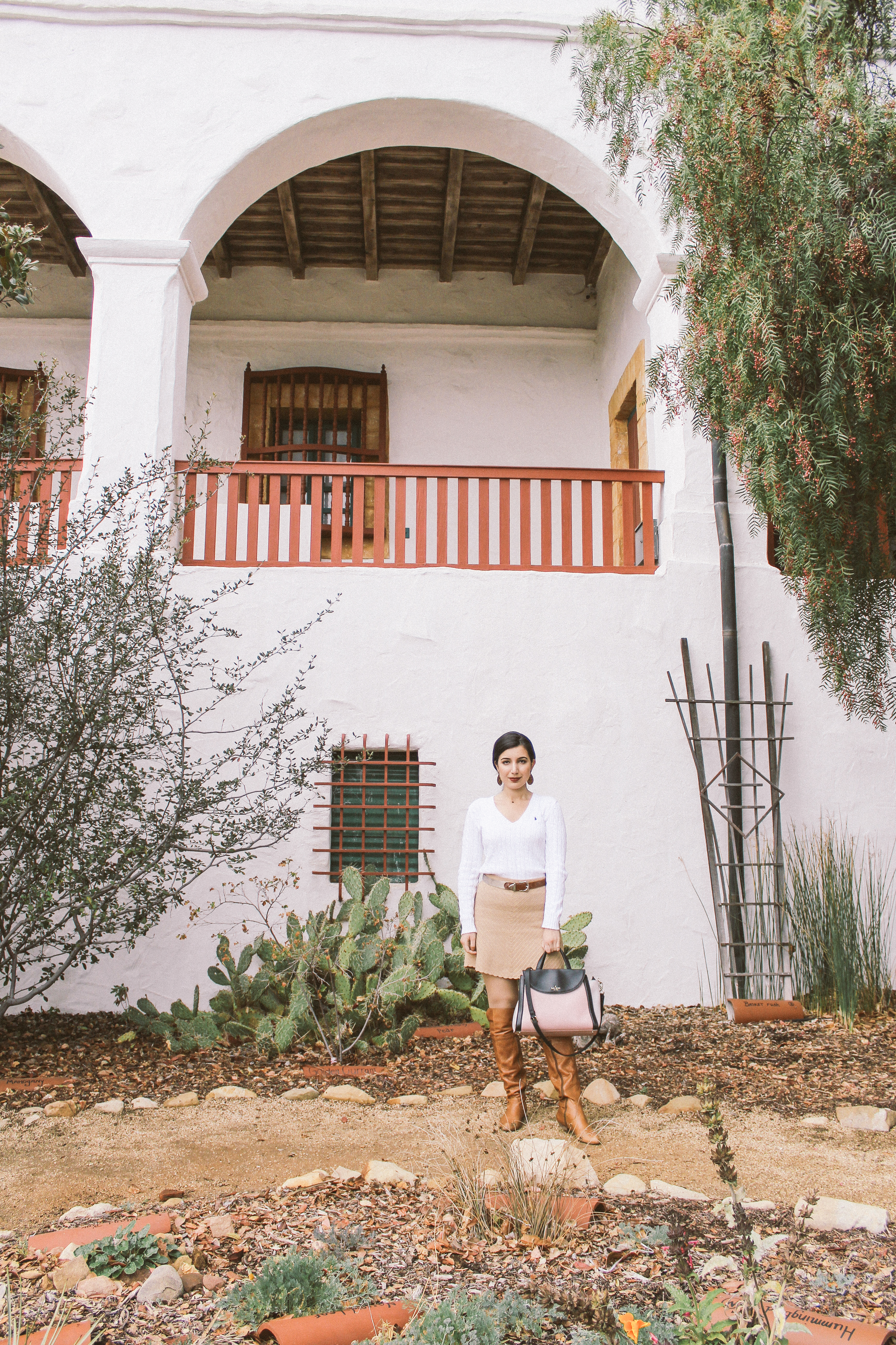 Santa Barbara, Santa Barbara Mission, outfit of the day, ootd, lotd, lookbook, California, California style, neutrals, Polo Ralph Lauren, Calvin Klein, ALDO, over the knee boots, sweater, preppy, sweater skirt, fashion blogger, California blogger