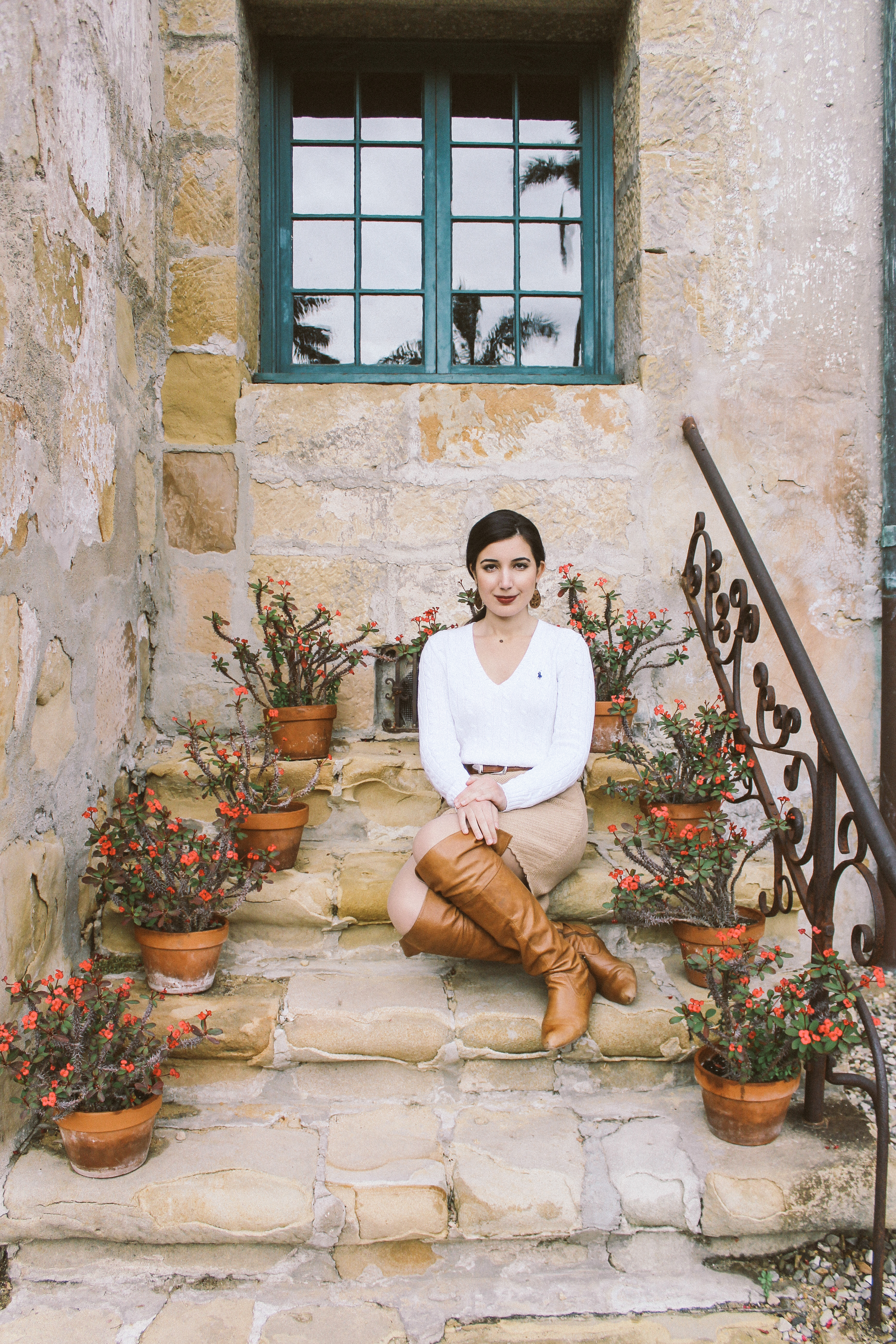 Santa Barbara, Santa Barbara Mission, outfit of the day, ootd, lotd, lookbook, California, California style, neutrals, Polo Ralph Lauren, Calvin Klein, ALDO, over the knee boots, sweater, preppy, sweater skirt, fashion blogger, California blogger