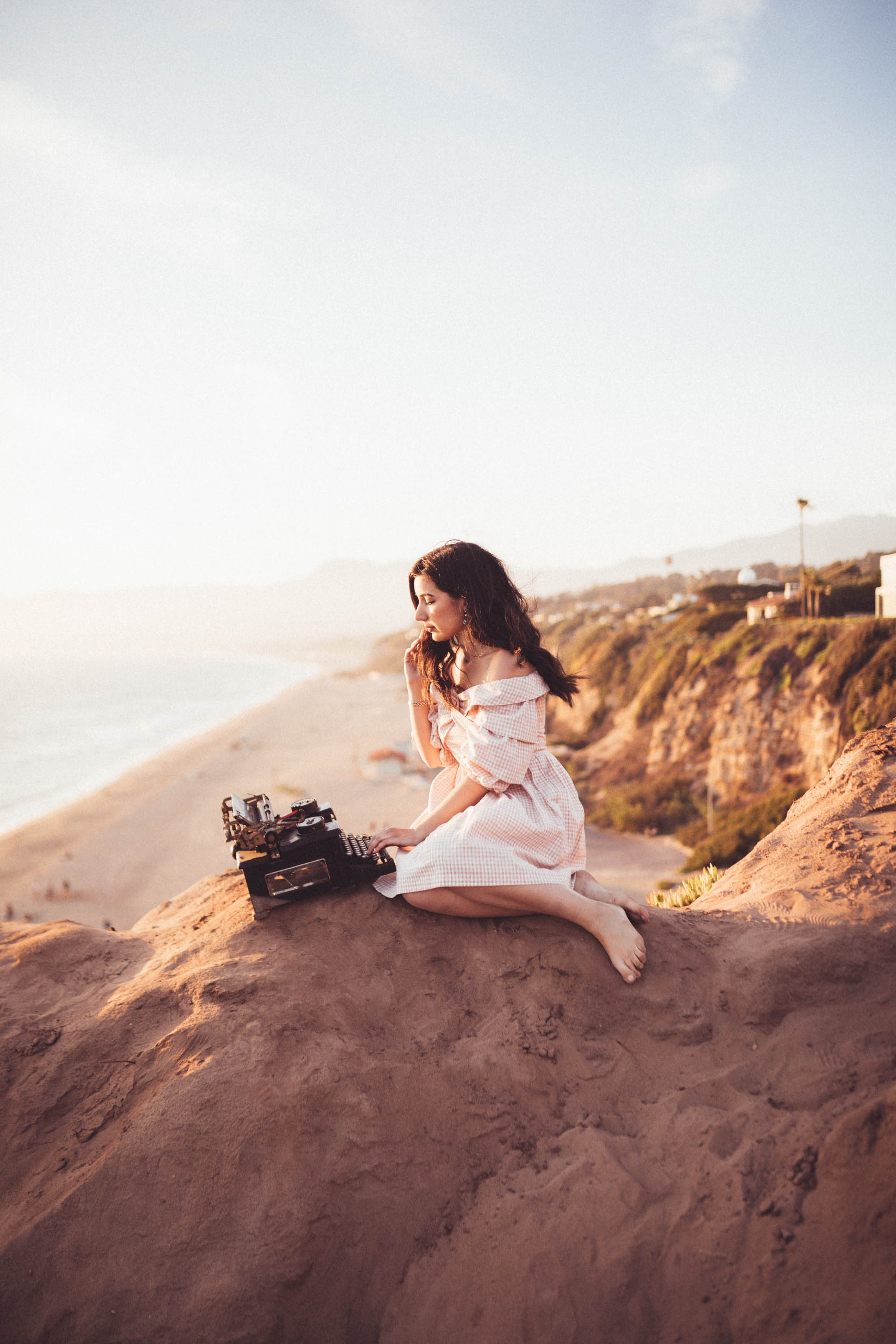Chriselle x J.O.A collection, vintage, vintage fashion, retro fashion, off-the-shoulder dress, gingham, pink, lookbook, fashion blogger, Malibu, California, photography, golden hour, retro, typewriter, journalist