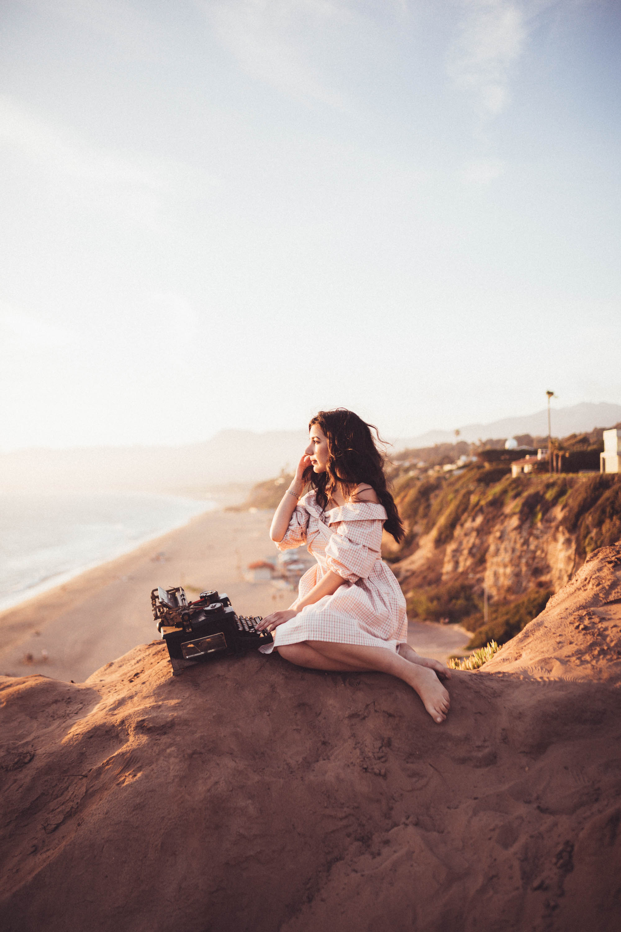 Chriselle x J.O.A collection, vintage, vintage fashion, retro fashion, off-the-shoulder dress, gingham, pink, lookbook, fashion blogger, Malibu, California, photography, golden hour, retro, typewriter, journalist