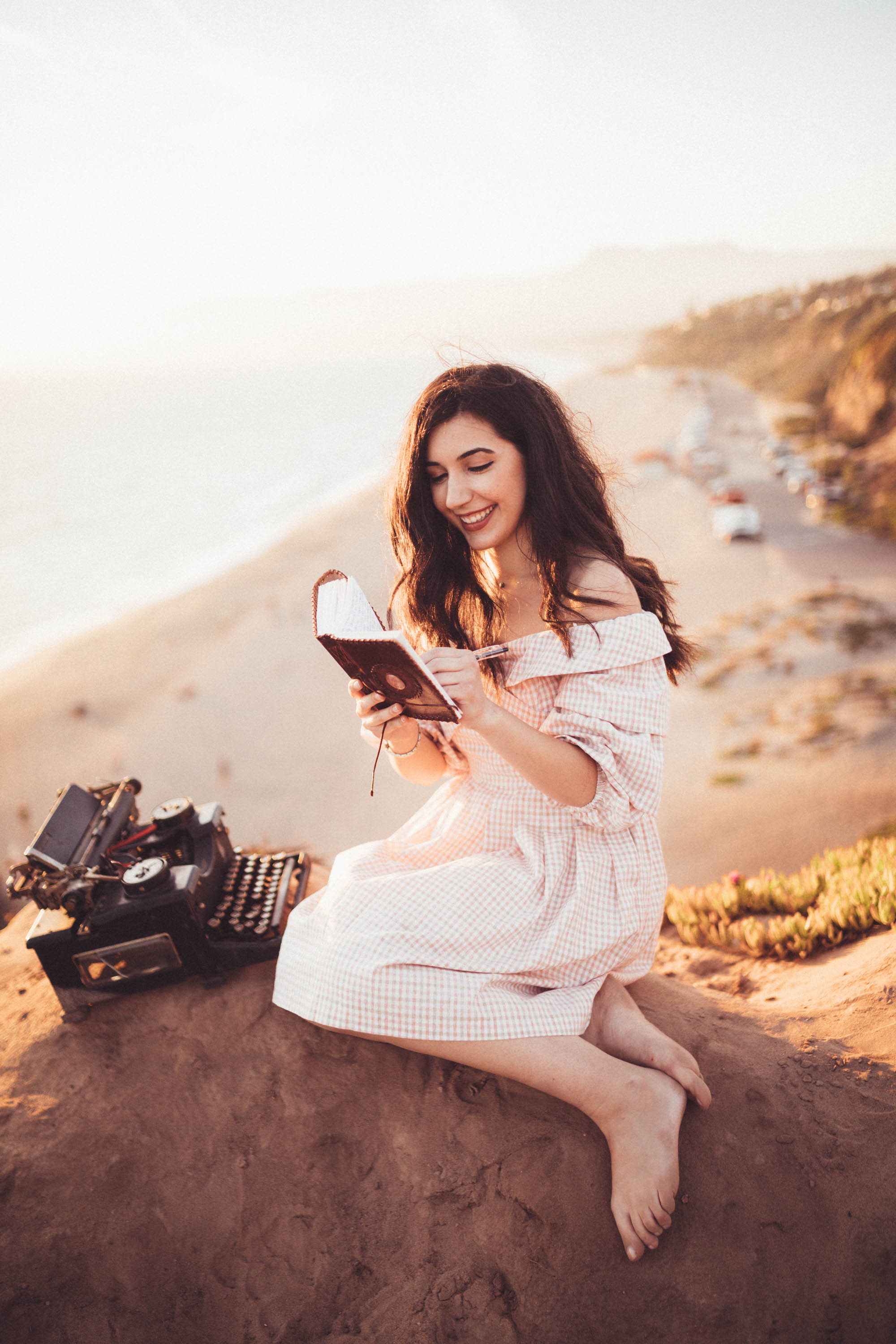 Chriselle x J.O.A collection, vintage, vintage fashion, retro fashion, off-the-shoulder dress, gingham, pink, lookbook, fashion blogger, Malibu, California, photography, golden hour, retro, typewriter, journalist