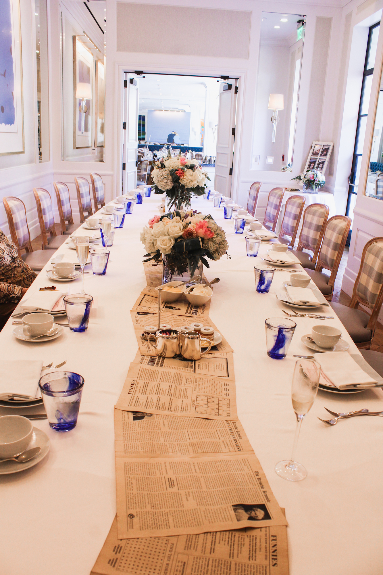 Peninsula Hotel, Beverly Hills, luxury, vintage newspaper runner, vintage newspapers, Etsy, flower arrangements, afternoon tea, hydrangeas, roses, peonies, pastel decorations, graduation party decorations