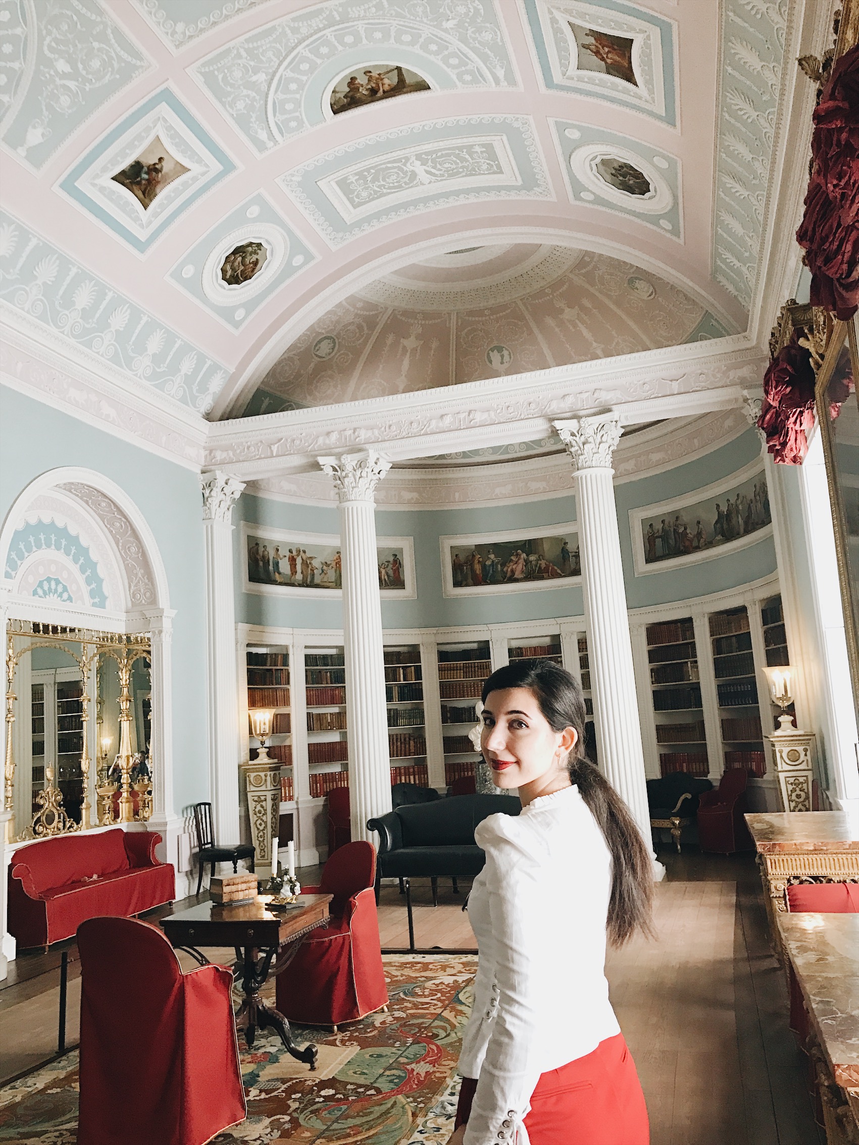 red trousers, MANGO, Betsey Johnson, Zara, red lips, high waist pants, lookbook, fashion blogger, white corset top, Kenwood House, Georgian, eighteenth century, ootd, outfit of the day, look of the day, London, UK, United Kingdom, library, travel blogger, wanderlust, London lookbook, London fashion, London blogger