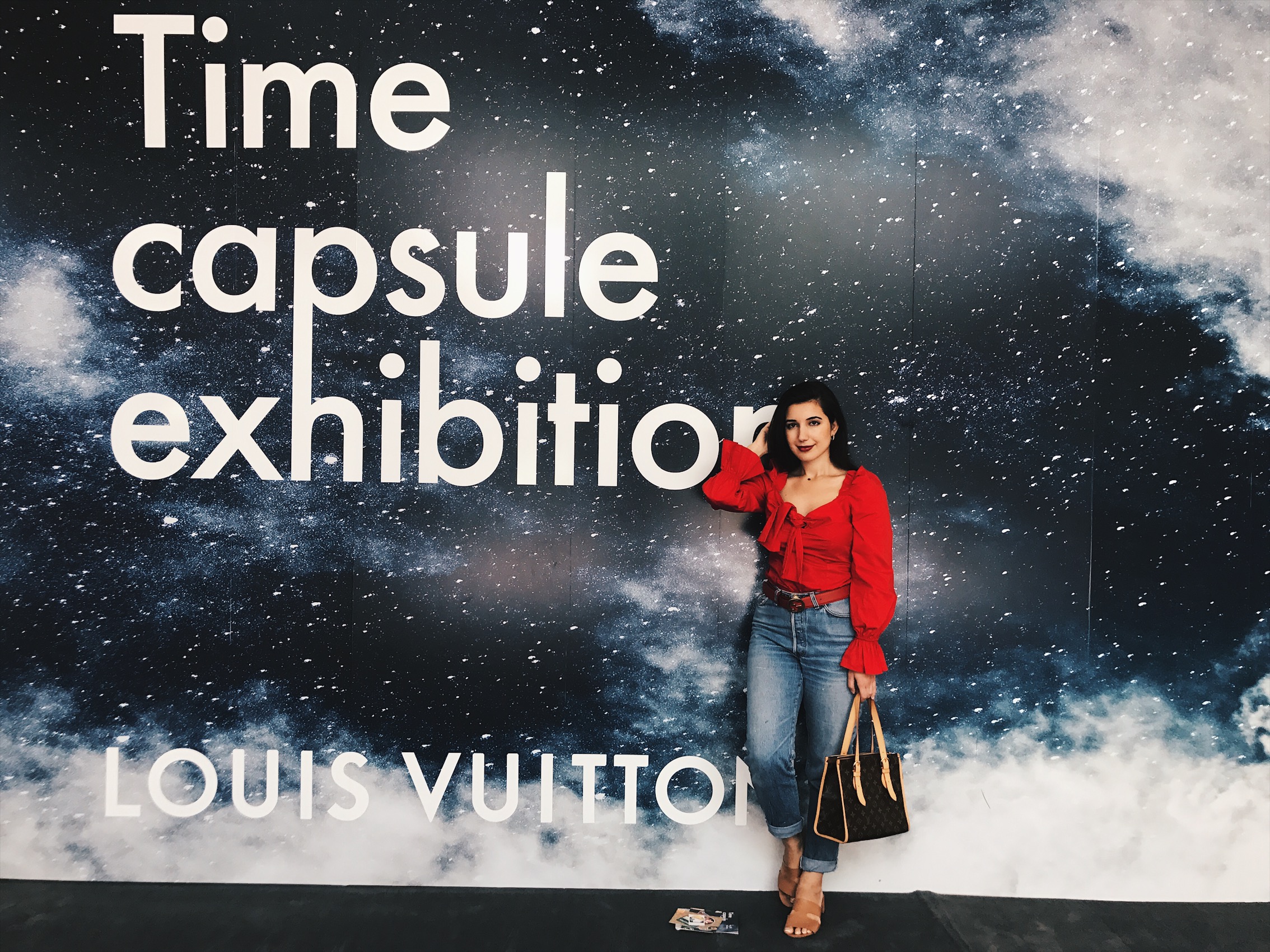 Louis Vuitton Time Capsule Exhibition LA, Lucy Paris, Louis Vuitton, Louis Vuitton bag, Gucci belt, red top, Levis, lookbook, fashion blogger, pop up exhibit, LA style, belle sleeves, red lips, style, ootd, outfit of the day, fashionista, slides, vintage