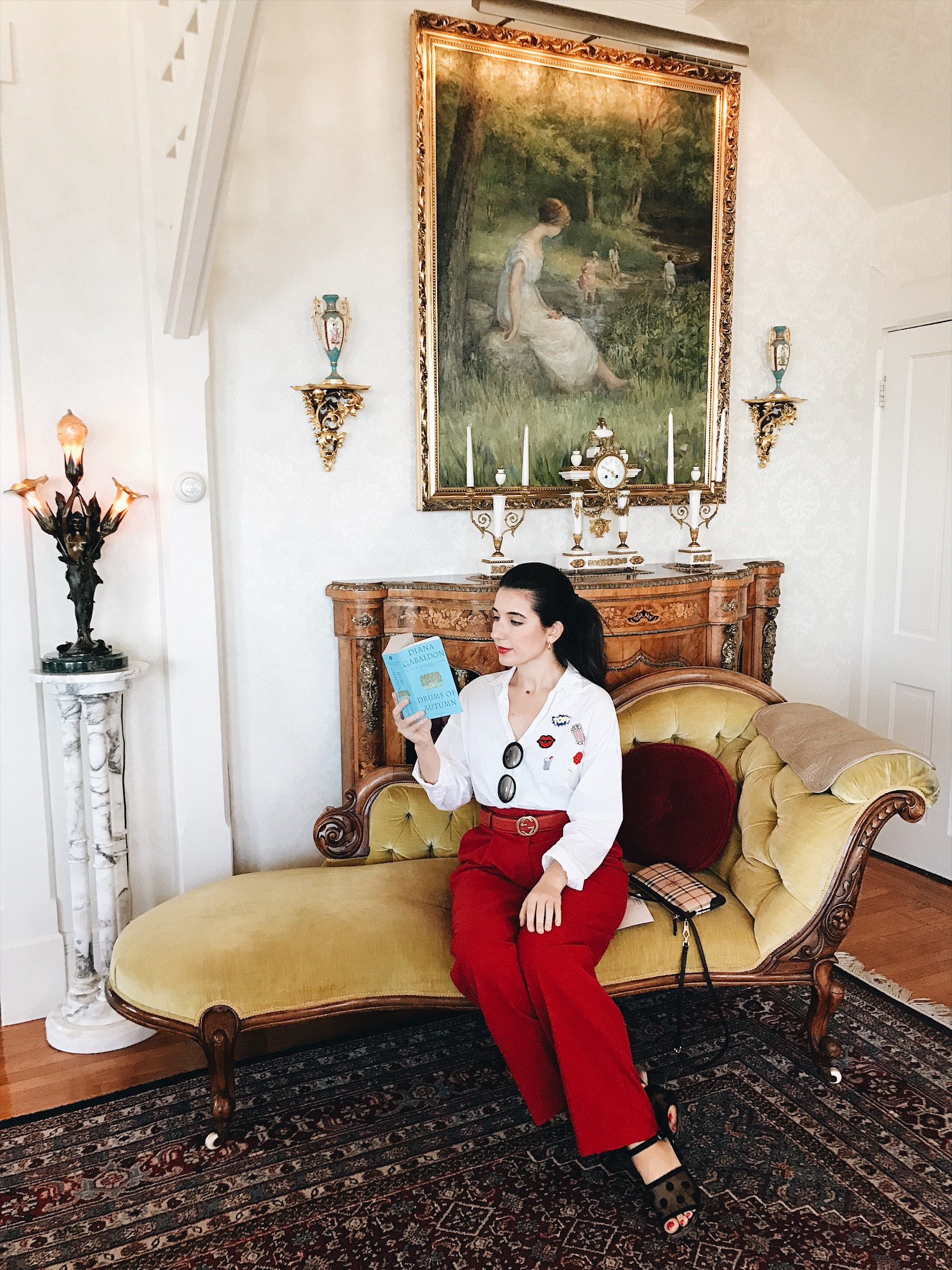 fashion blogger, red, red lips, red trousers, Monterey, CA, summer fashion, lookbook, outfit of the day, gold hoop earrings, oceanside, book photography, photography, bed and breakfast, B&B, Seven Gables Inn, Monterey, blogger, ootd, lotd, fashion advice, button down top, Zara, Mango, Gucci belt
