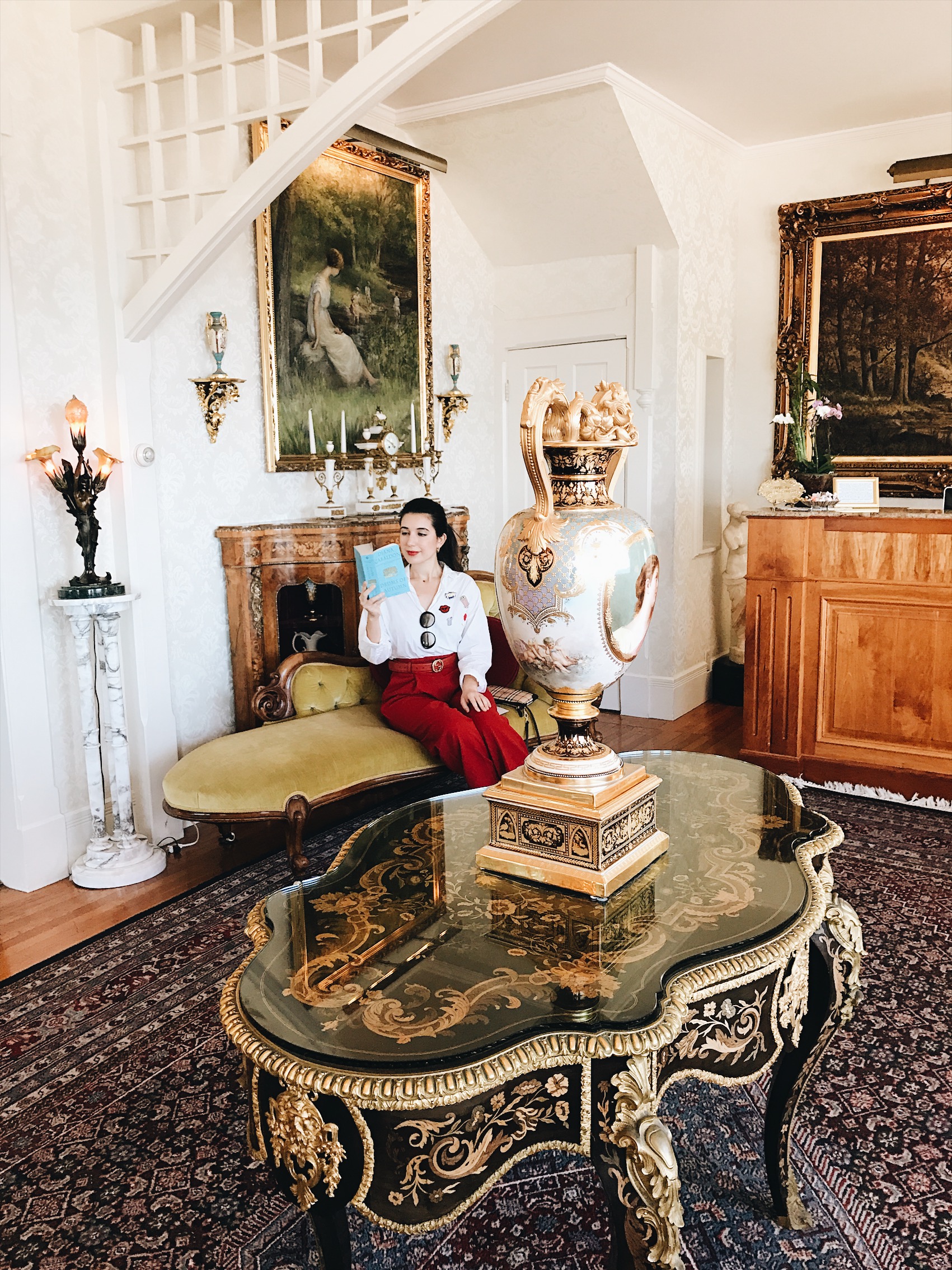 fashion blogger, red, red lips, red trousers, Monterey, CA, summer fashion, lookbook, outfit of the day, gold hoop earrings, oceanside, book photography, photography, bed and breakfast, B&B, Seven Gables Inn, Monterey, blogger, ootd, lotd, fashion advice, button down top, Zara, Mango, Gucci belt