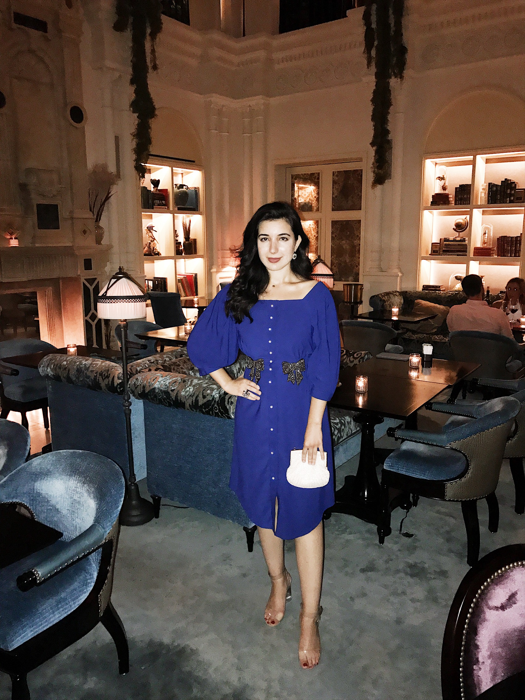 Sister Jane, blue dress, formal dress, cocktail dress, fancy dinner, NoMad Restaurant, NoMad Hotel, Downtown Los Angeles, DTLA, best restaurants in Downtown Los Angeles, vintage dress, ootd, ootn, stylek, fashion blogger, style blogger, look of the day, lifestyle, bookish restaurant, rhinestones, pearls, what I wore, curly hair