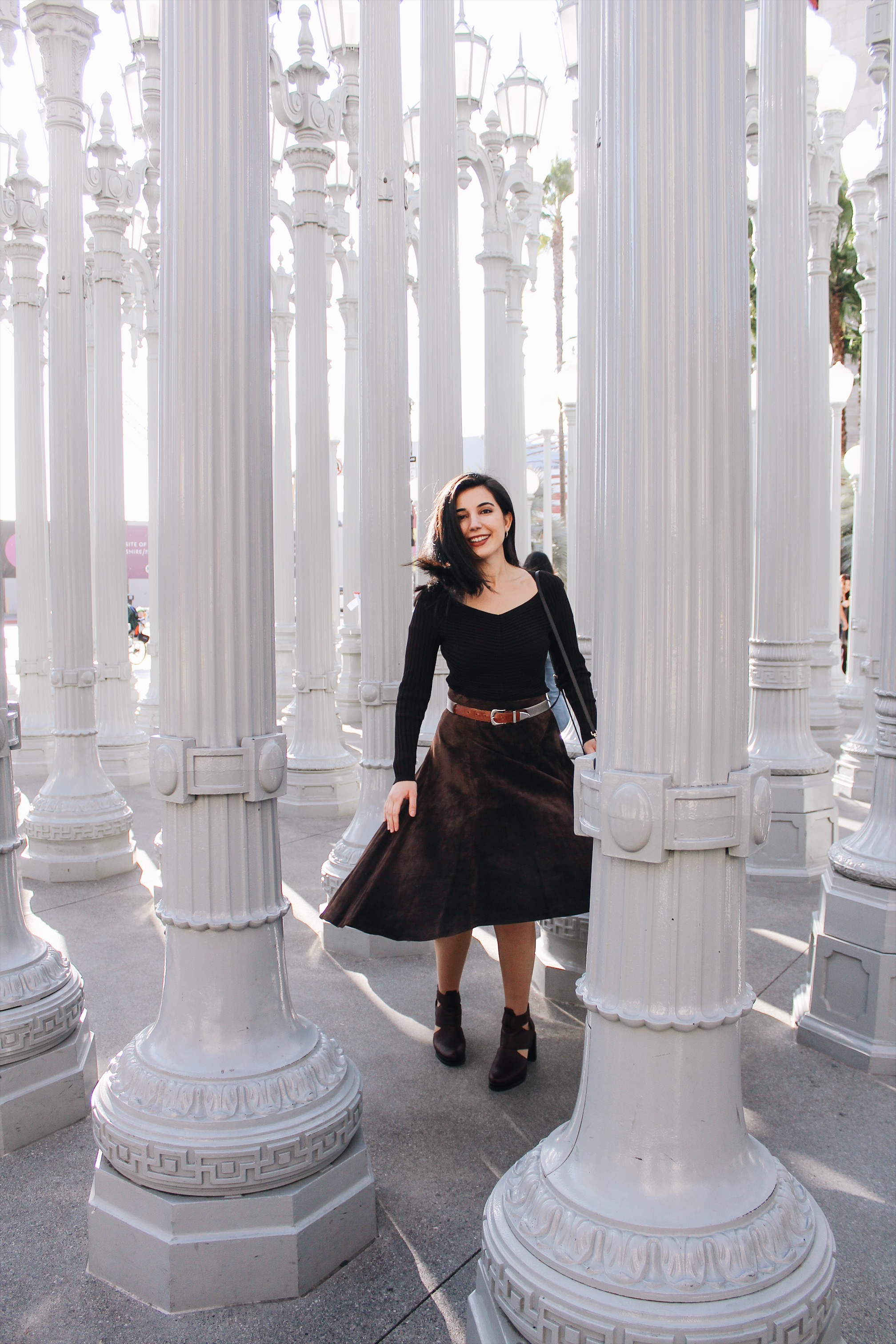 monochromatic outfit, brown suede, brown ankle boots, brown belt, Burberry, Burberry Spring 2019 Ready-to-Wear, Mr. Tisci, lookbook, ootd, outfit of the day, chic, winter style, Los Angeles street style, LA style, Los Angeles fashion blogger, style blogger, LA fashion blogger, Sorel, Burberry, mid-length skirt, vintage fashion, LACMA,