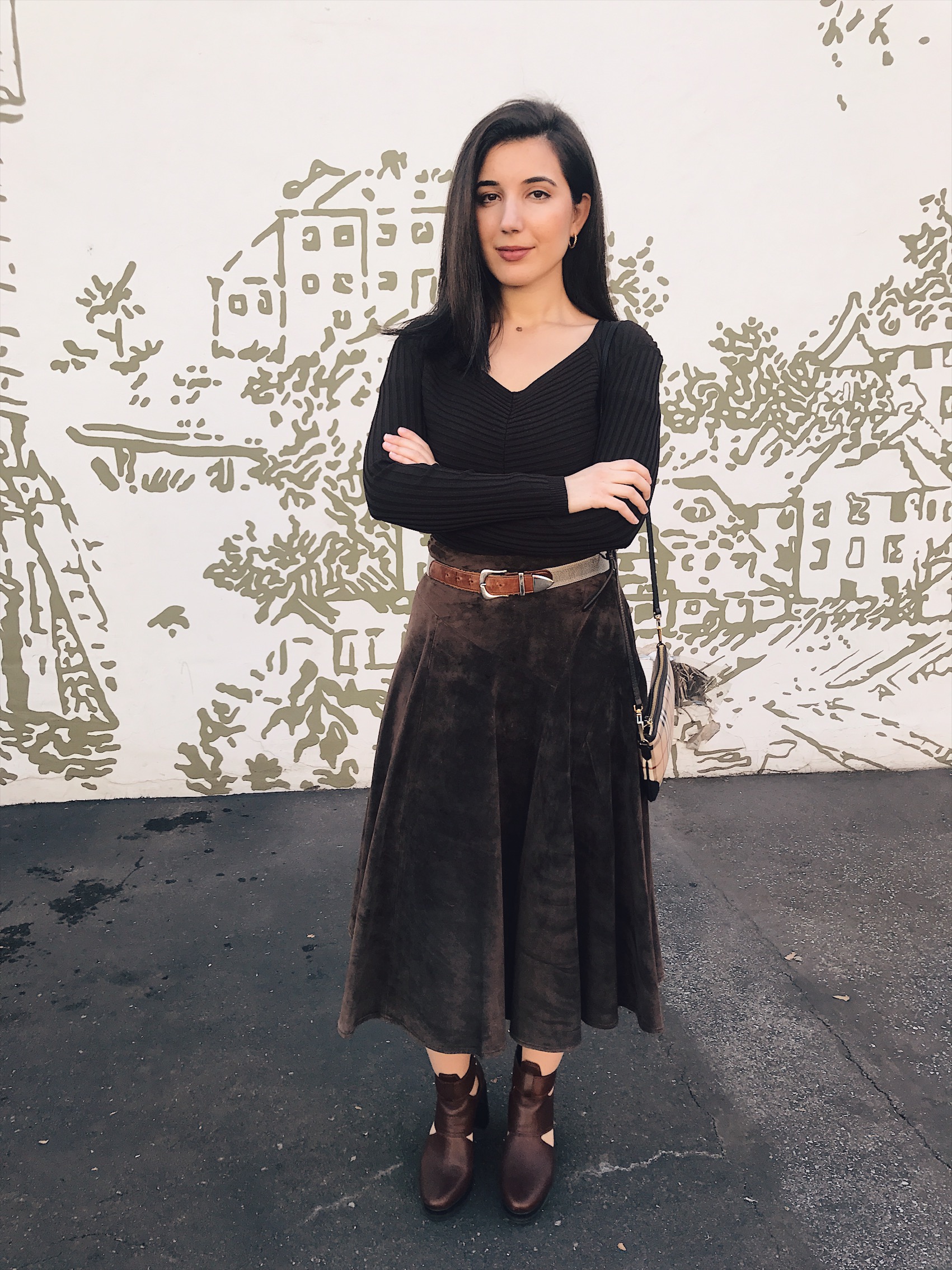 monochromatic outfit, brown suede, brown ankle boots, brown belt, Burberry, Burberry Spring 2019 Ready-to-Wear, Mr. Tisci, lookbook, ootd, outfit of the day, chic, winter style, Los Angeles street style, LA style, Los Angeles fashion blogger, style blogger, LA fashion blogger, Sorel, Burberry, mid-length skirt, vintage fashion, LACMA,