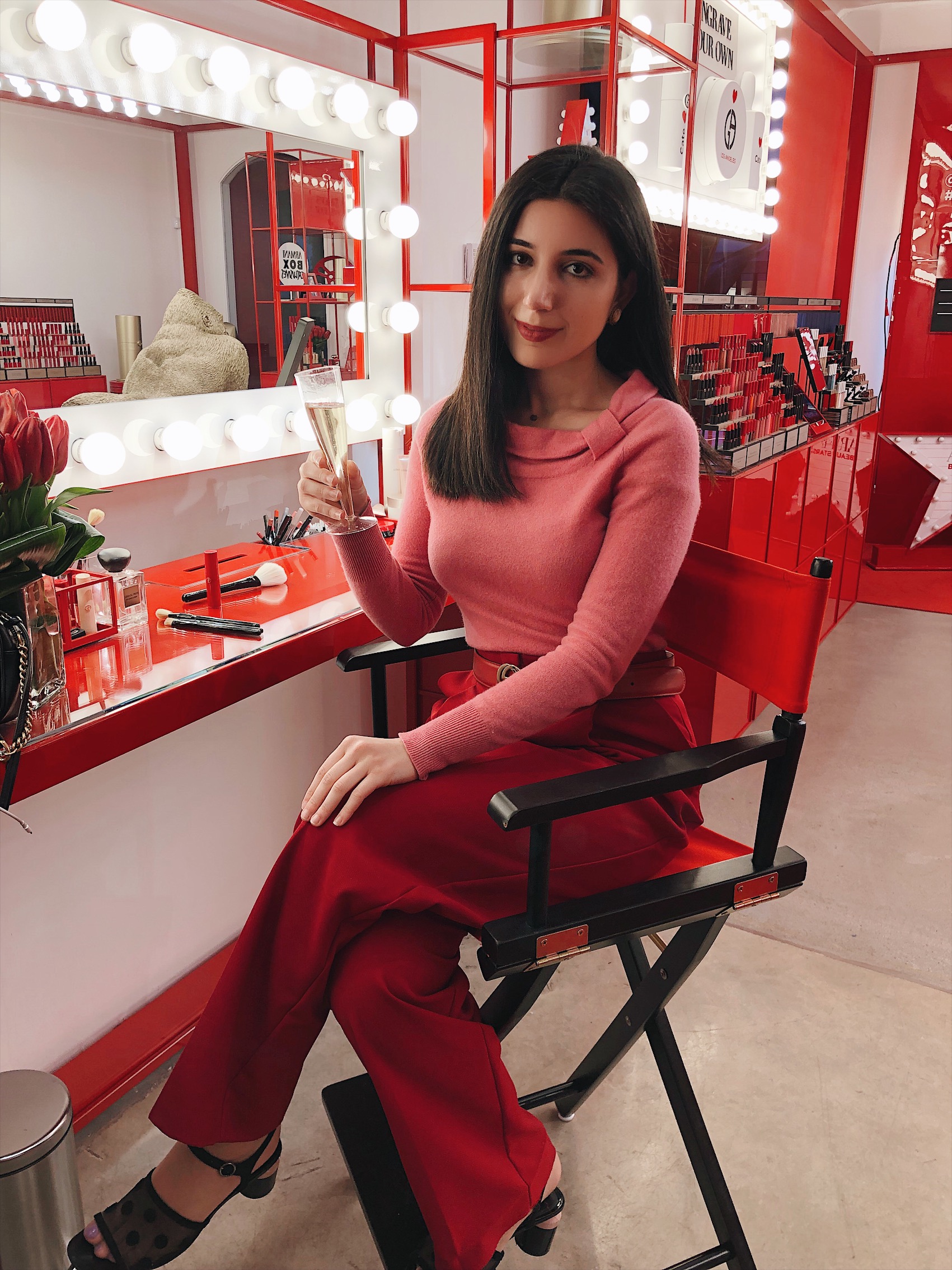 retro, Old Hollywood, Giorgio Armani Redbox, beauty, makeup, luxury fashion, luxury beauty, Mango pants, cashmere sweater, red trousers, red lipstick, Giorgio Armani, Giorgio Armany Beauty, lookbook, fashion blogger, fashion, style, style blogger, travel, travel blogger, beret, outfit of the day, ootd, look of the day, French fashion, Parisian fashion, trench coat, black turtleneck, red lipstick, ankle boots, Steve Madden ankle boots, black trousers, winter style, winter fashion