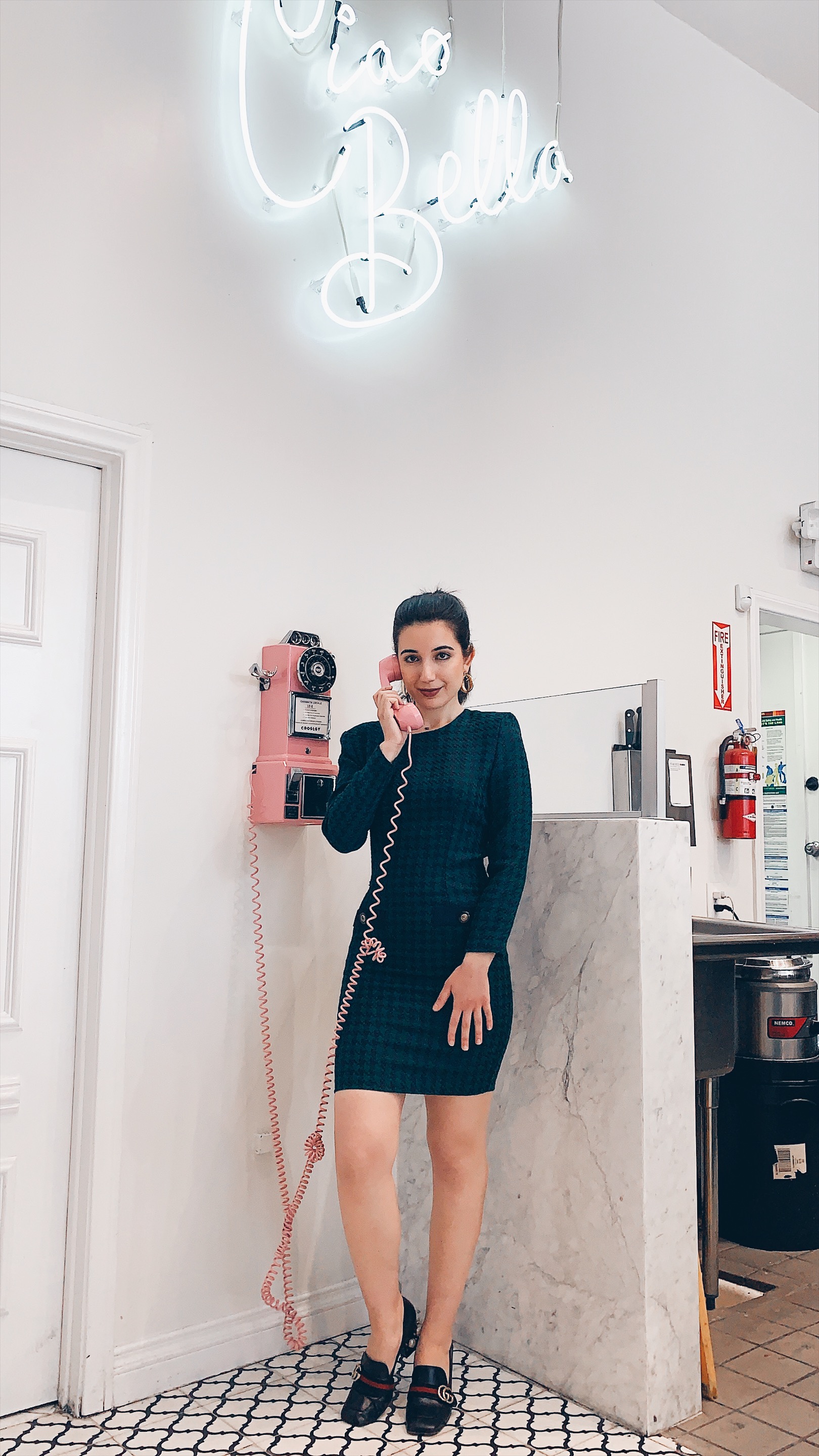 fashion blogger, lookbook, outfit of the day, ootd, outfit of the night, ootn, hounds tooth, '80s style, '80s fashion, gold earrings, Gucci shoes, Gucci loafers, LAFW, LA Fashion Week, style, fashion, dress, hounds tooth dress,