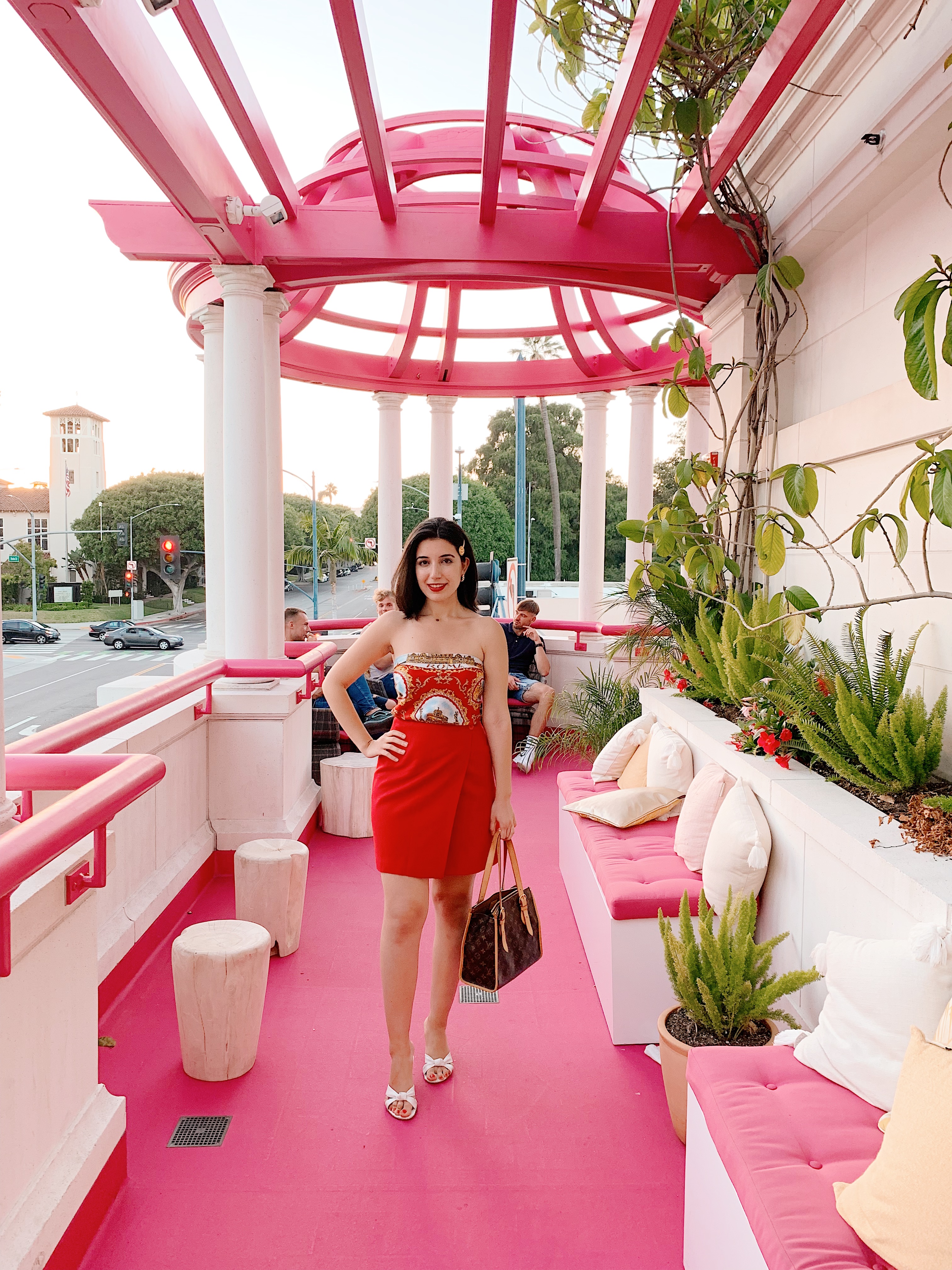 Louis Vuitton X, LVX, Louis Vuitton, Beverly Hills, Louis Vuitton Beverly Hills, lookbook, Los Angeles, LA fashion blogger, look of the day, ootd, outfit of the day, summer fashion, scarf top, Versace hair clip, red skirt, short hair, red lips, vintage fashion