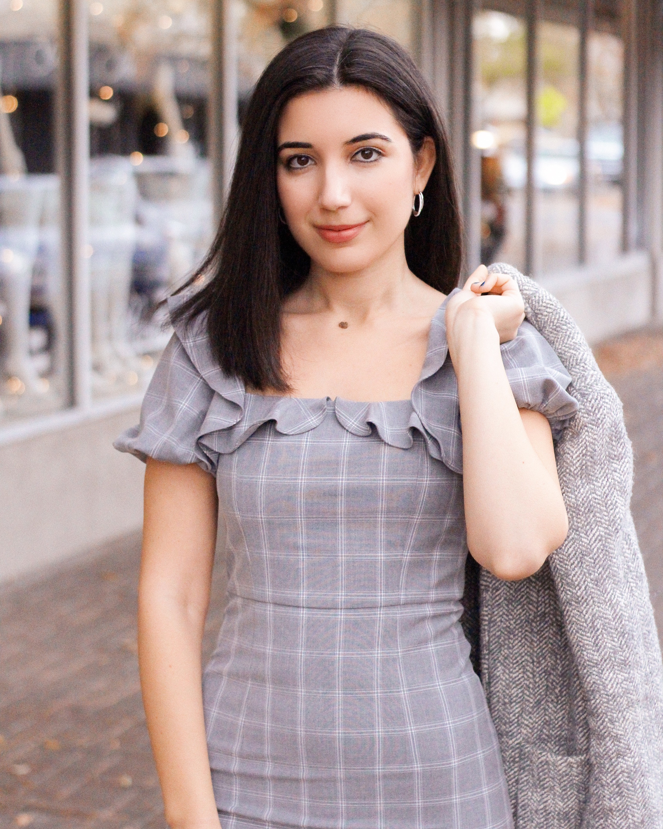 J.ing, winter fashion, winter style, winter style 2019, fashion editorial, lookbook, ootd magazine, plaid dress, gray dress, ruffles, puffy sleeves, silver hoop earrings, fashion blogger, vintage style, Little Women fashion, over-the-knee boots, suede black boots