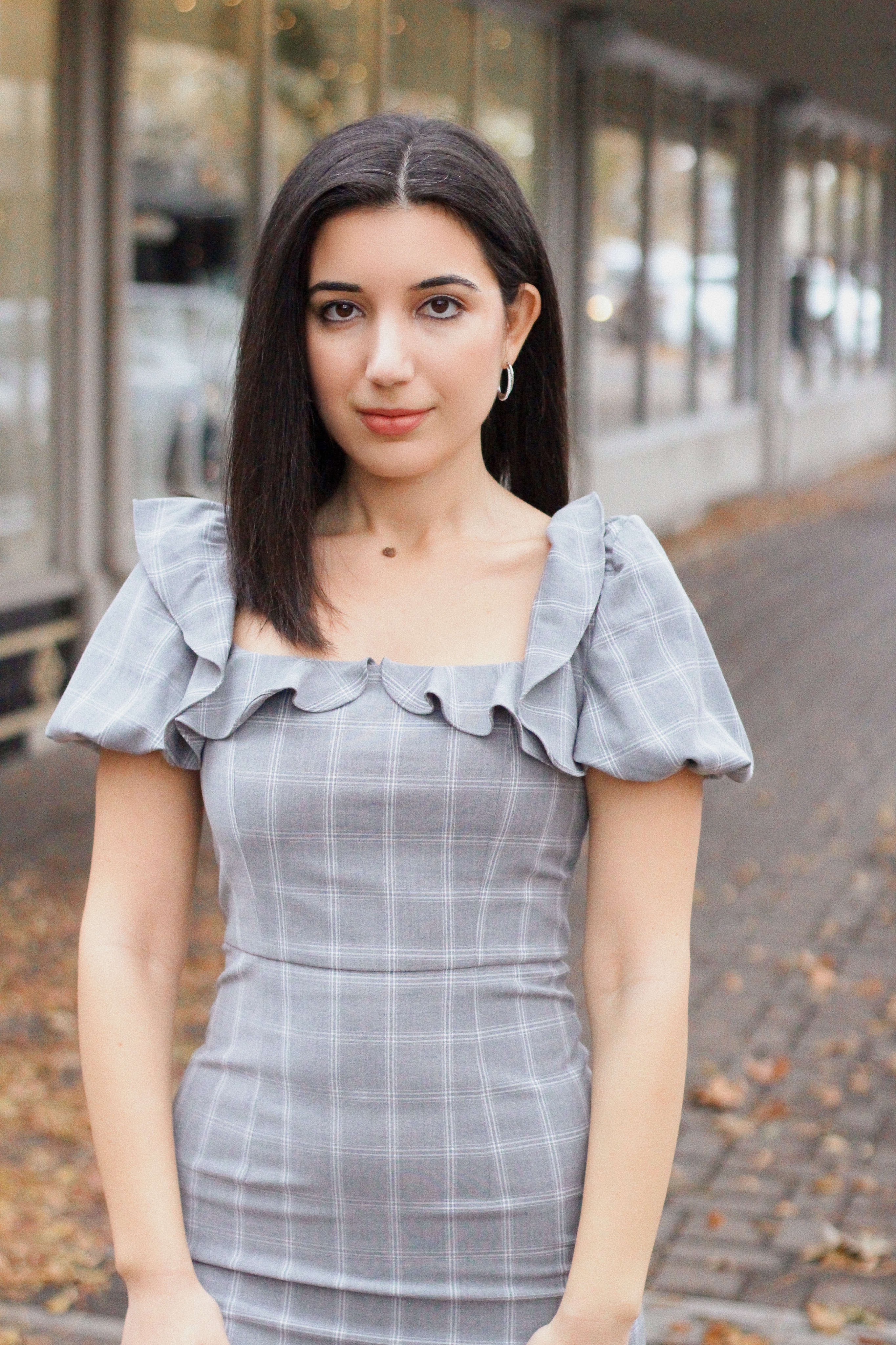 J.ing, winter fashion, winter style, winter style 2019, fashion editorial, lookbook, ootd magazine, plaid dress, gray dress, ruffles, puffy sleeves, silver hoop earrings, fashion blogger, vintage style, Little Women fashion, over-the-knee boots, suede black boots
