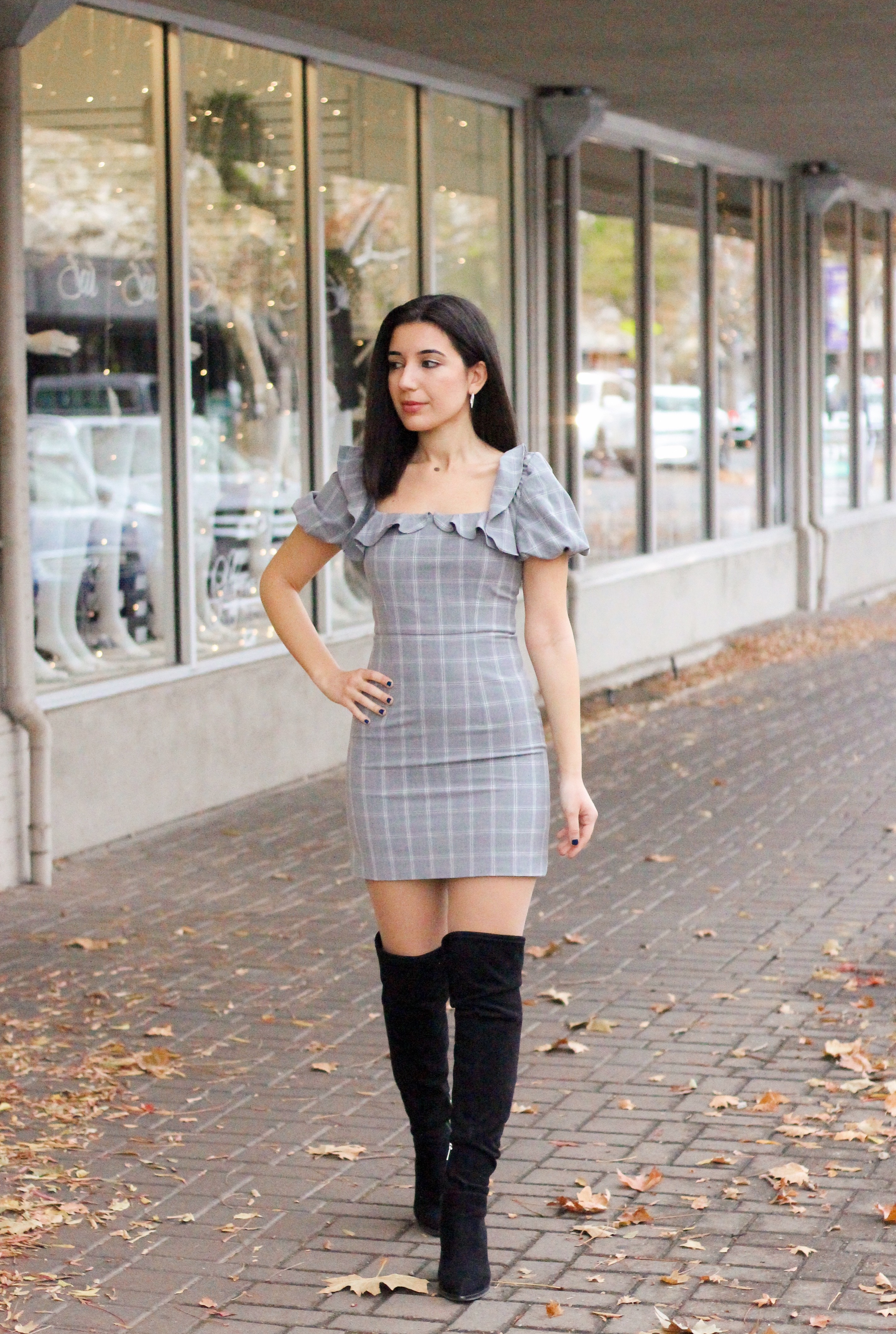 J.ing, winter fashion, winter style, winter style 2019, fashion editorial, lookbook, ootd magazine, plaid dress, gray dress, ruffles, puffy sleeves, silver hoop earrings, fashion blogger, vintage style, Little Women fashion, over-the-knee boots, suede black boots
