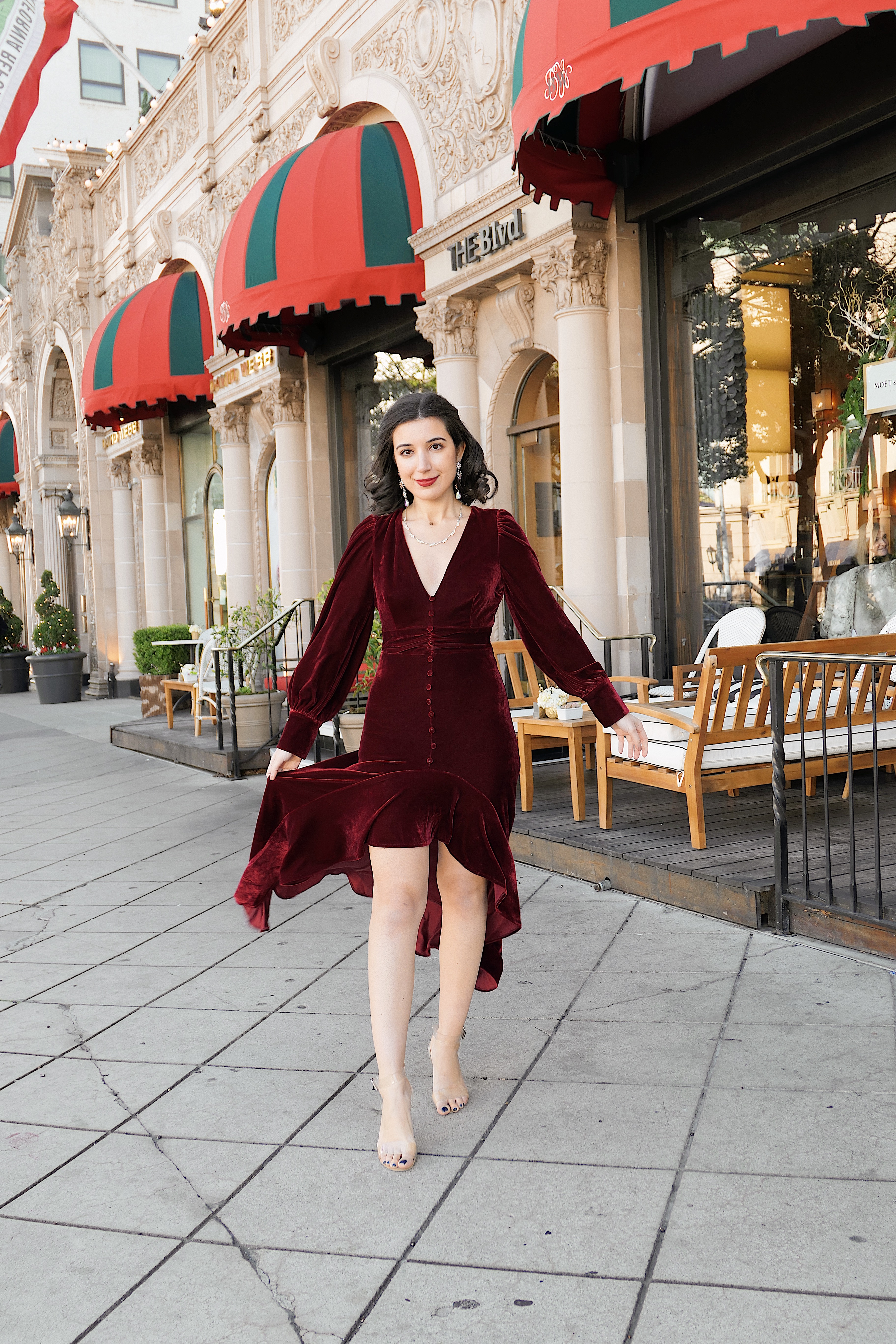 red velvet, Christmas dress, Christmas outfit, gown, red velvet, fashion blogger, LA blogger, Beverly Hills, Christmas in Beverly Hills, Christmas in Los Angeles, high fashion, luxury, Edwardian, vintage, rhinestone necklace, rhinestone earrings, Nanamacs, Jeffrey Campbell shoes, curly hair, red lips, Beverly Wilshire
