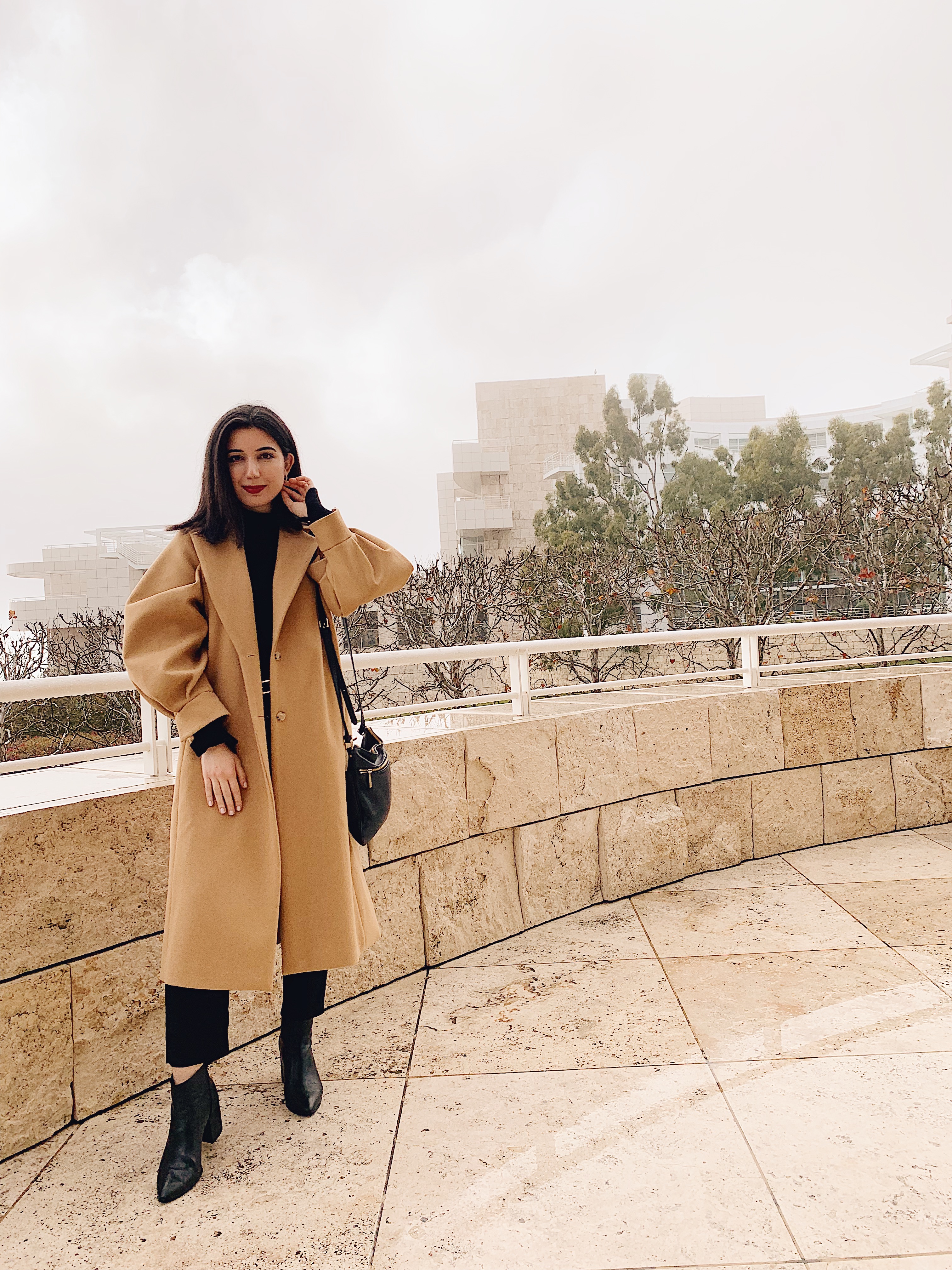 Storets, winter coat, winter wardrobe, outfit of the day, trench coat, lookbook, fashion blogger, LA blogger, lifestyle blogger, Getty Museum, storets coat, outerwear, red lips, Michael Kors, Zara, Audrey Hepburn