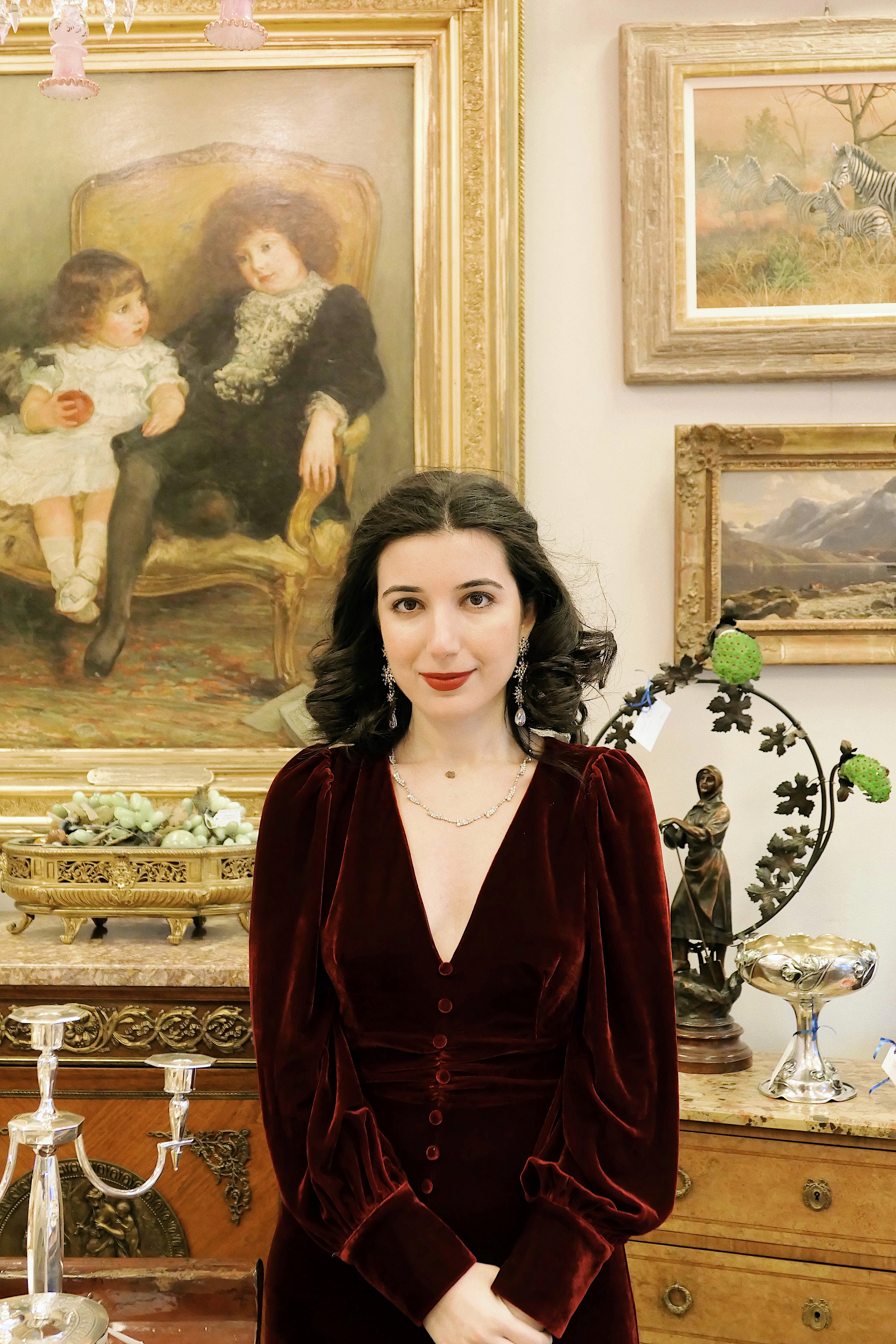 red velvet, Christmas dress, Christmas outfit, gown, red velvet, fashion blogger, LA blogger, Beverly Hills, Christmas in Beverly Hills, Christmas in Los Angeles, high fashion, luxury, Edwardian, vintage, rhinestone necklace, rhinestone earrings, Nanamacs, Jeffrey Campbell shoes, curly hair, red lips