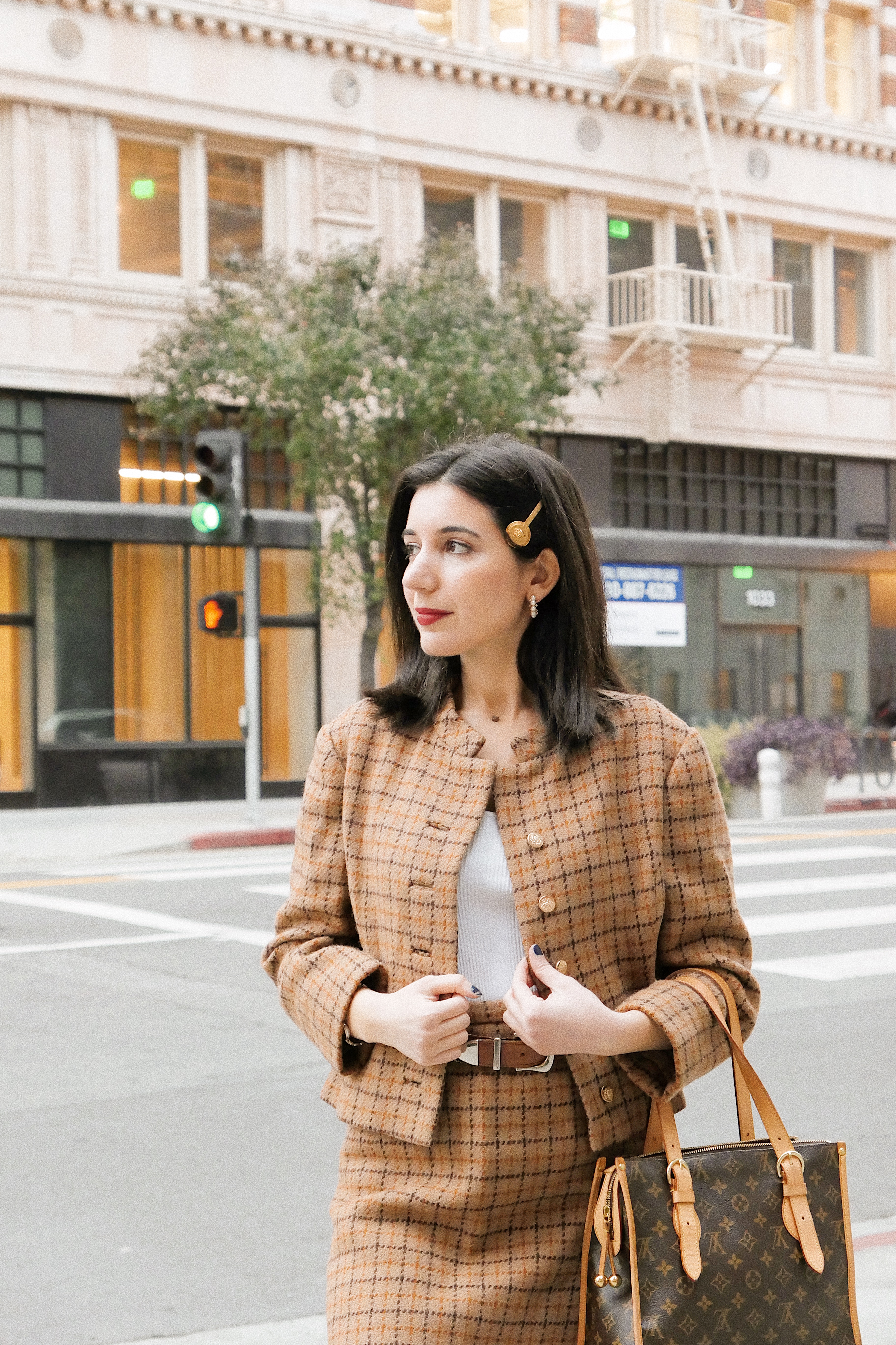 The Hoxton DTLA, DTLA, Dowtnown Los Angeles, lookbook, fashion blogger, Los Angeles fashion blogger, tweed, Barneys New York, tweed suit, skirt suit, plaid suit, knee high boots, Tommy Hilfiger boots, vintage, Versace, Versace hairpin, ootd, outfit of the day, street style