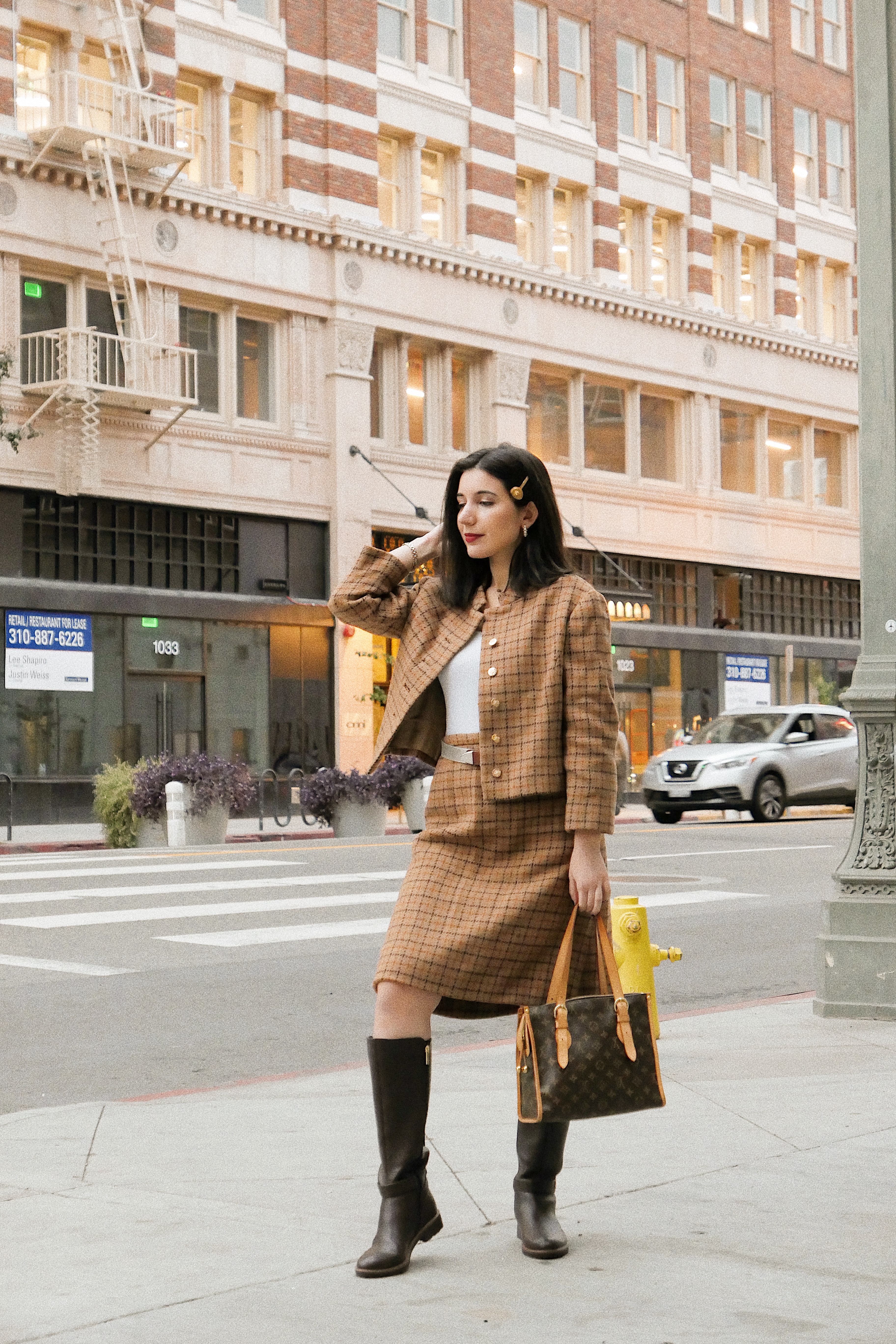 The Hoxton DTLA, DTLA, Dowtnown Los Angeles, lookbook, fashion blogger, Los Angeles fashion blogger, tweed, Barneys New York, tweed suit, skirt suit, plaid suit, knee high boots, Tommy Hilfiger boots, vintage, Versace, Versace hairpin, ootd, outfit of the day, street style
