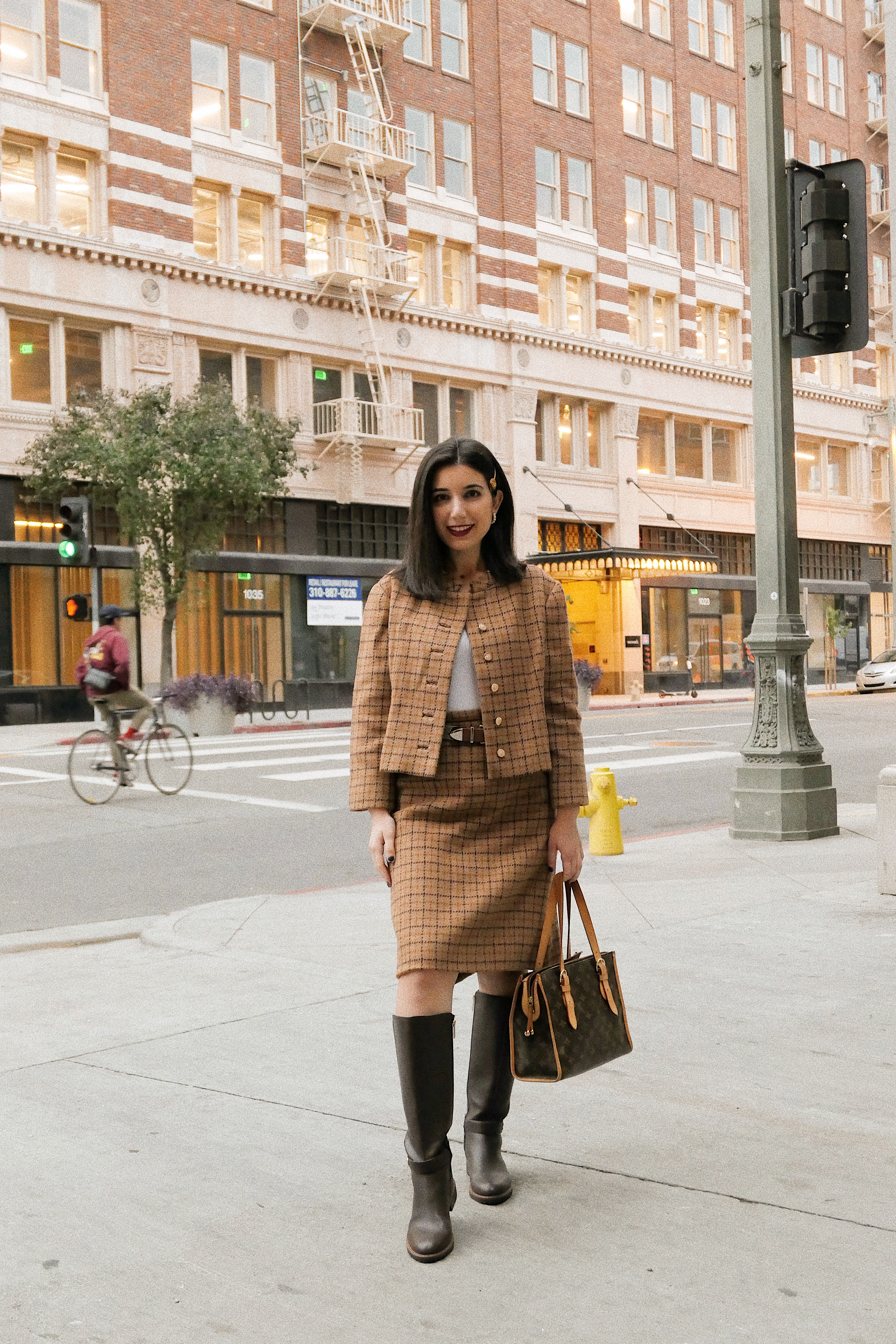 The Hoxton DTLA, DTLA, Dowtnown Los Angeles, lookbook, fashion blogger, Los Angeles fashion blogger, tweed, Barneys New York, tweed suit, skirt suit, plaid suit, knee high boots, Tommy Hilfiger boots, vintage, Versace, Versace hairpin, ootd, outfit of the day, street style