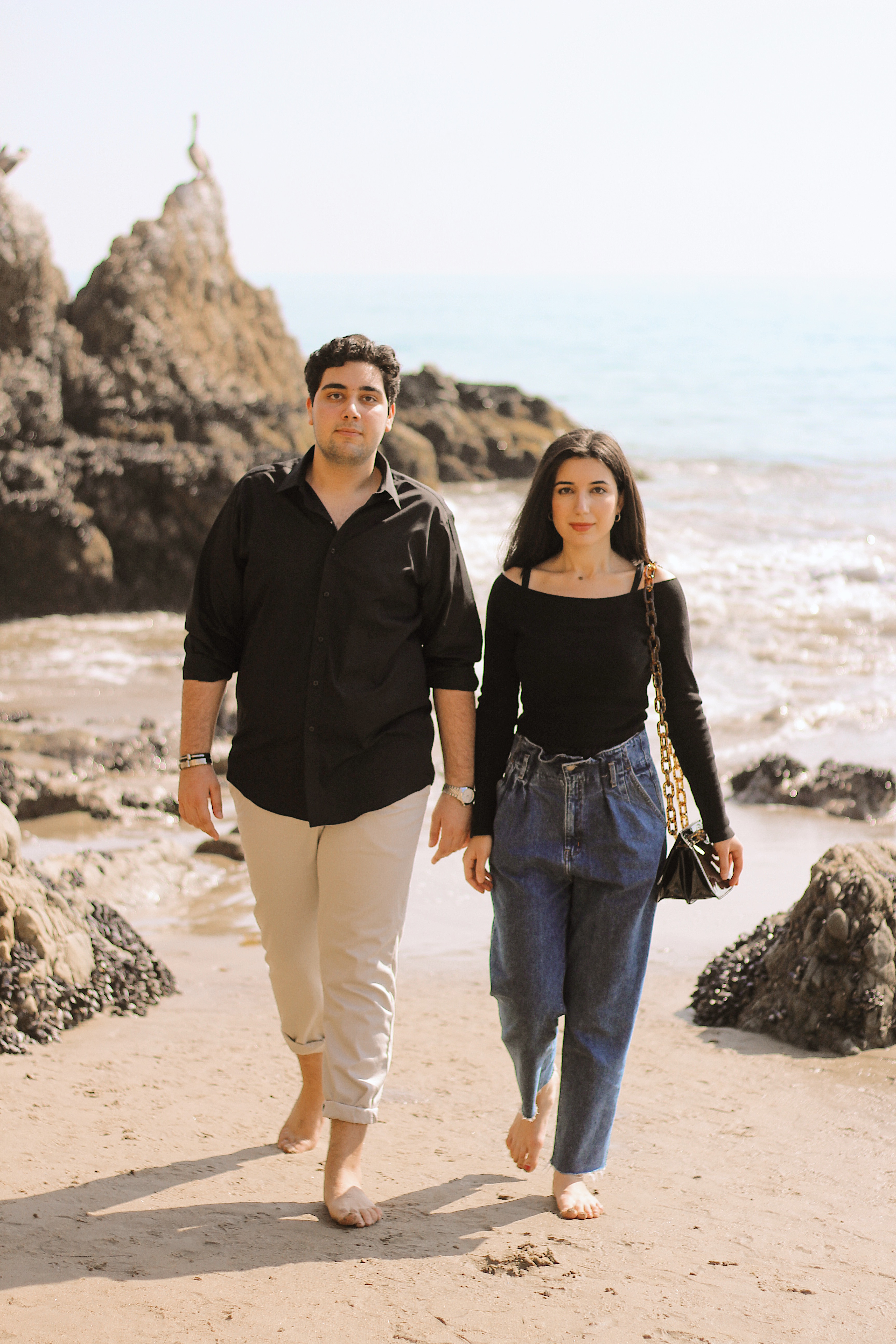 Abercrombe and Fitch jeans, Brandy Melville, knit top, black button down, khakis, Gucci watch, men's fashion, women's fashion, sibling style, brother and sister, winter editorial, beach photo shoot, beach fashion, Malibu, Malibu style, black top, mom jeans, khakis, lookbook, outfit of the day, matching outfits