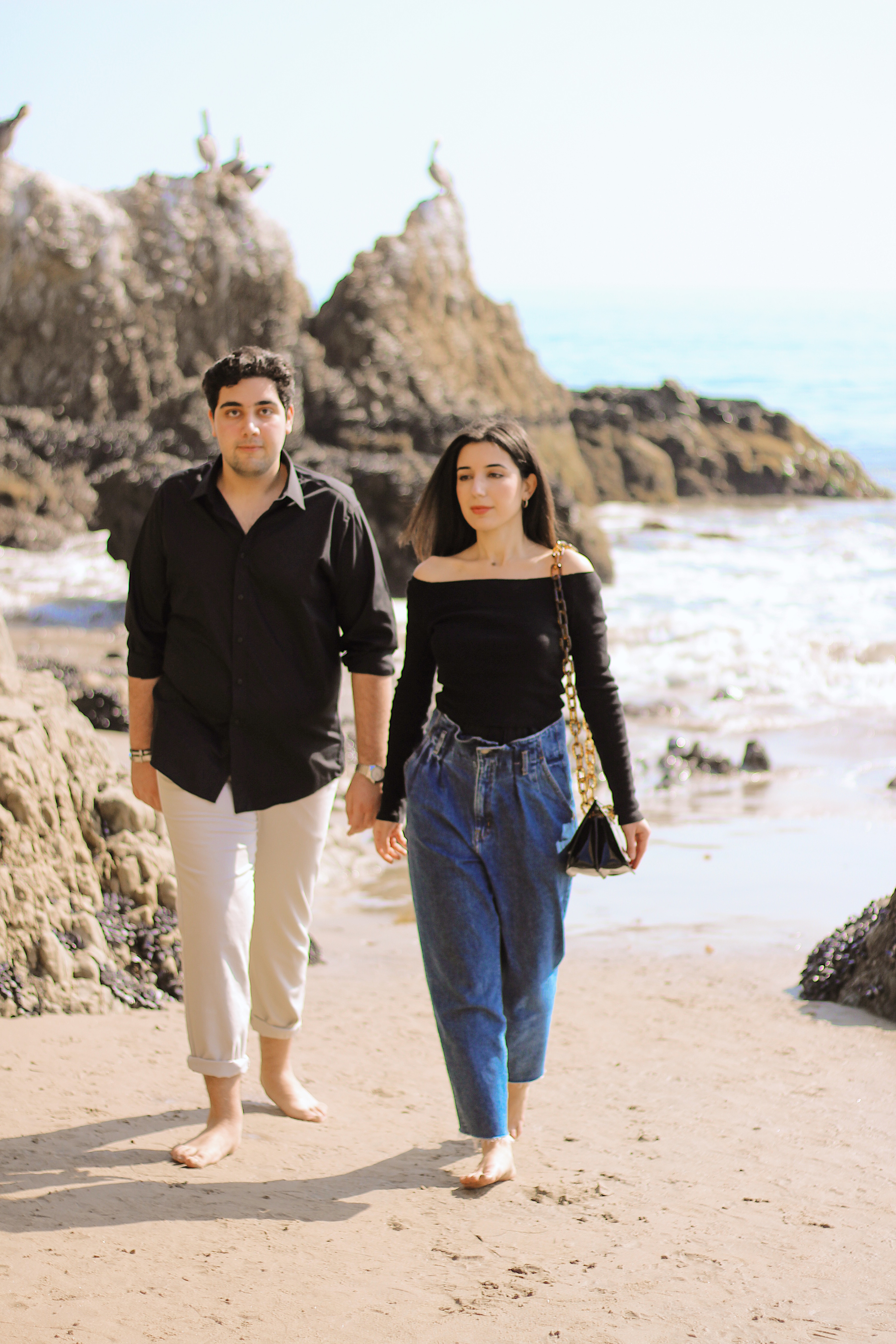 Abercrombe and Fitch jeans, Brandy Melville, knit top, black button down, khakis, Gucci watch, men's fashion, women's fashion, sibling style, brother and sister, winter editorial, beach photo shoot, beach fashion, Malibu, Malibu style, black top, mom jeans, khakis, lookbook, outfit of the day, matching outfits