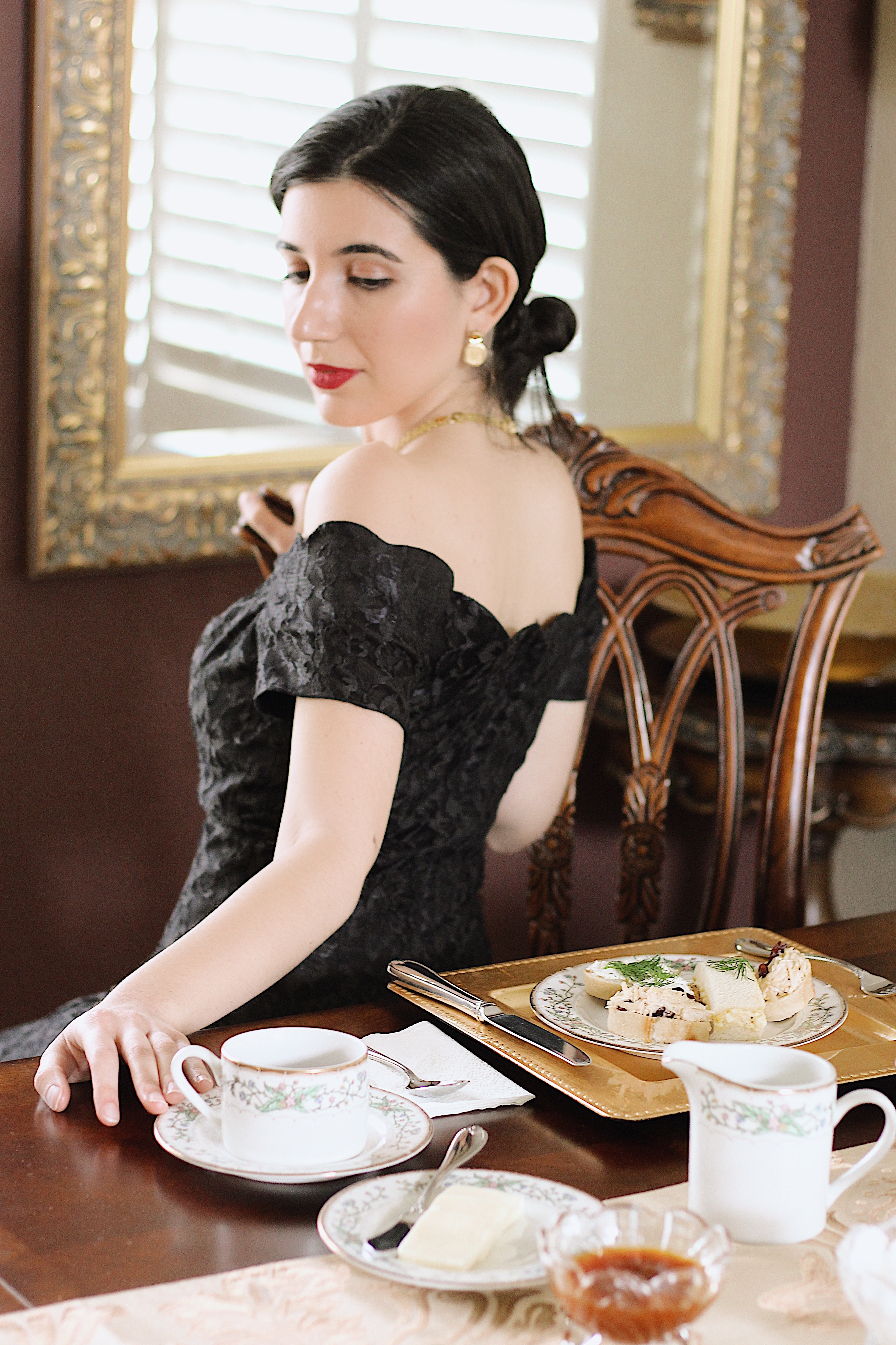 at home together, stop the spread, lookbook, food recipes, loose leaf tea, spring fashion, spring style, family time, afternoon tea, social distancing, Fortnum and Mason, finger sandwiches, tea sandwiches, off-the-shoulder dress, Victorian style dress, tea time, gold jewelry, lace dress, vintage fashion, thrifted, vintage dress, fashion blogger, style blog, lifestyle blogger, COVID19