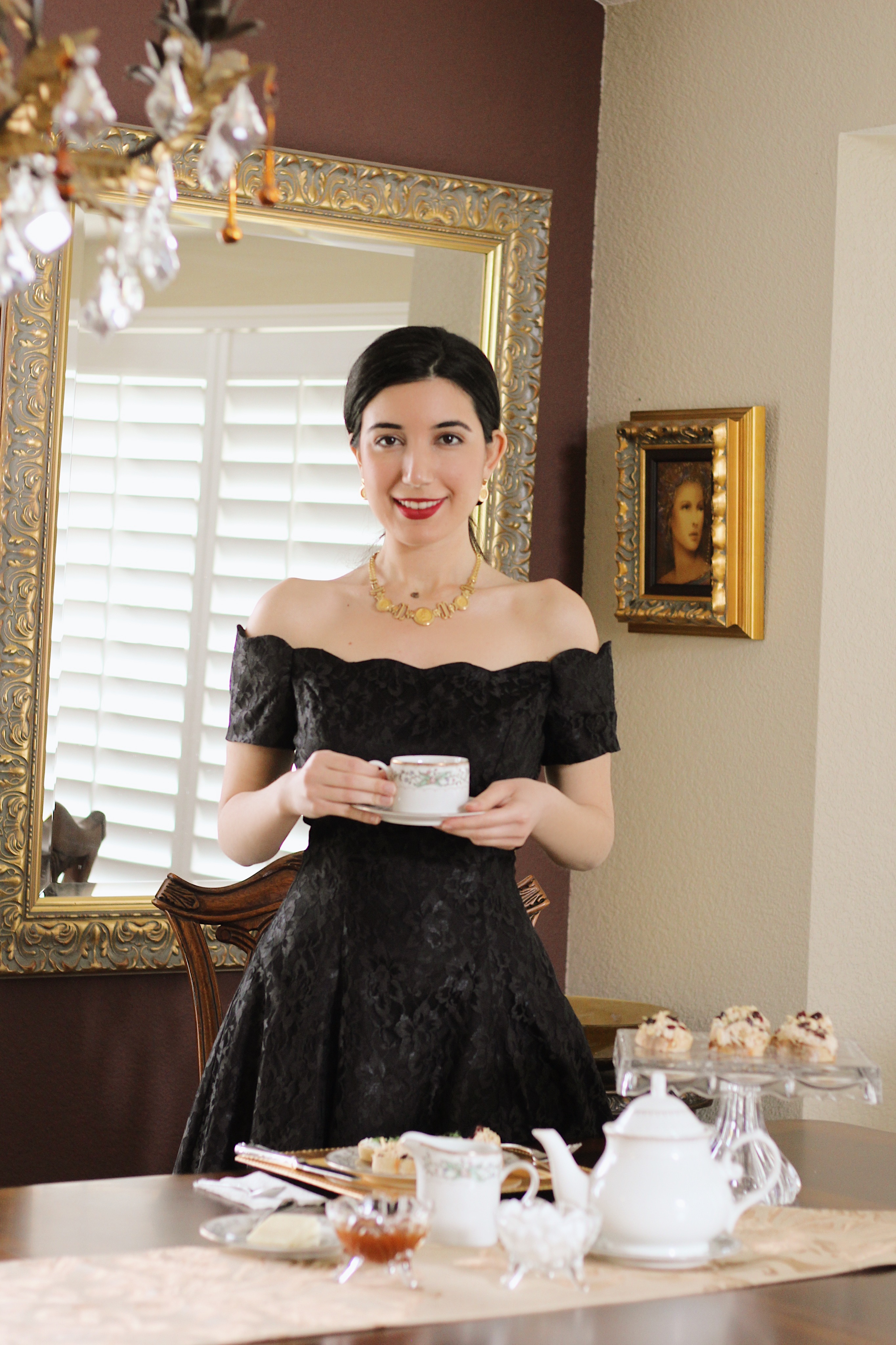 at home together, stop the spread, lookbook, food recipes, loose leaf tea, spring fashion, spring style, family time, afternoon tea, social distancing, Fortnum and Mason, finger sandwiches, tea sandwiches, off-the-shoulder dress, Victorian style dress, tea time, gold jewelry, lace dress, vintage fashion, thrifted, vintage dress, fashion blogger, style blog, lifestyle blogger, COVID19