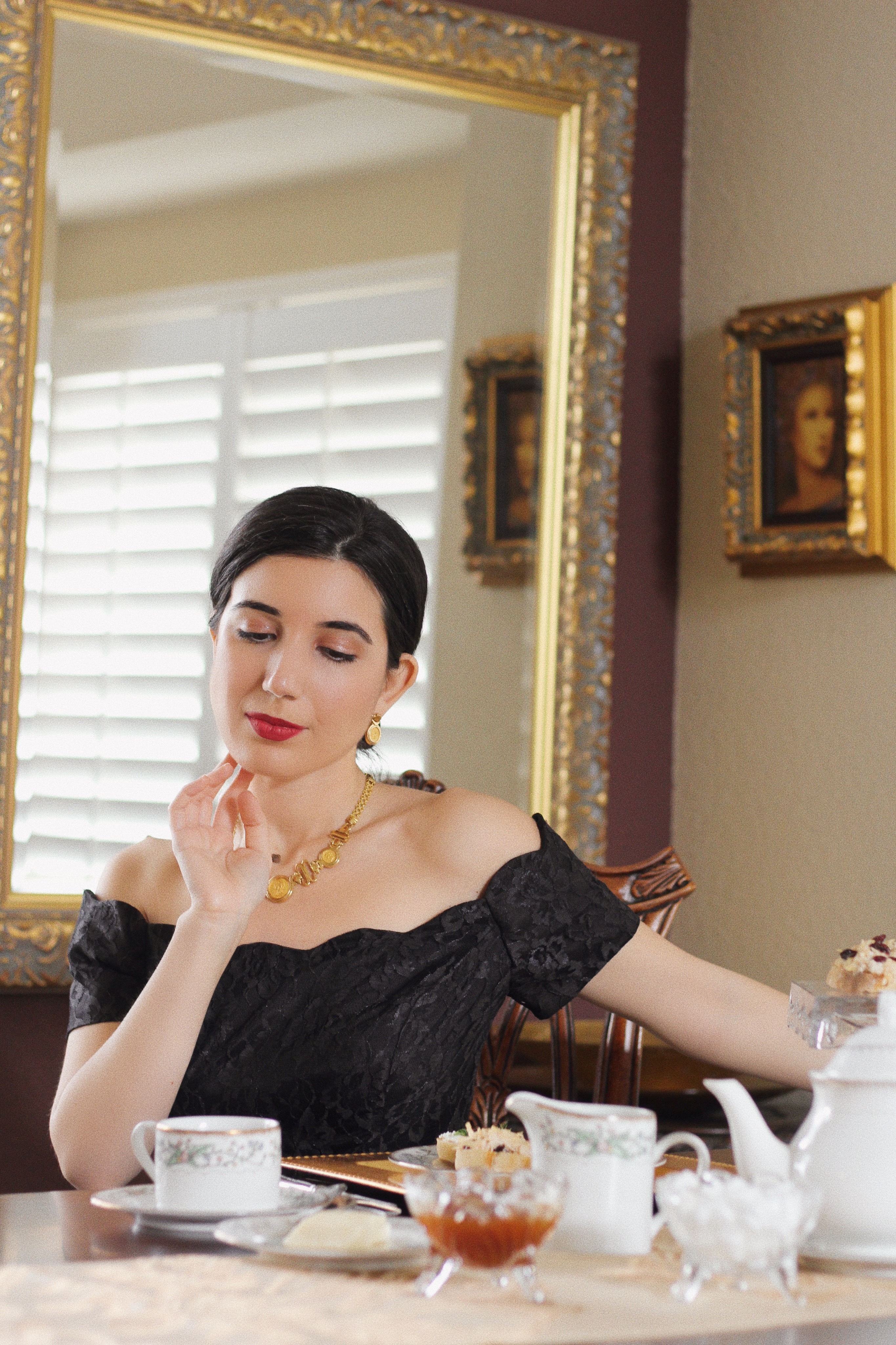 at home together, stop the spread, lookbook, food recipes, loose leaf tea, spring fashion, spring style, family time, afternoon tea, social distancing, Fortnum and Mason, finger sandwiches, tea sandwiches, off-the-shoulder dress, Victorian style dress, tea time, gold jewelry, lace dress, vintage fashion, thrifted, vintage dress, fashion blogger, style blog, lifestyle blogger, COVID19