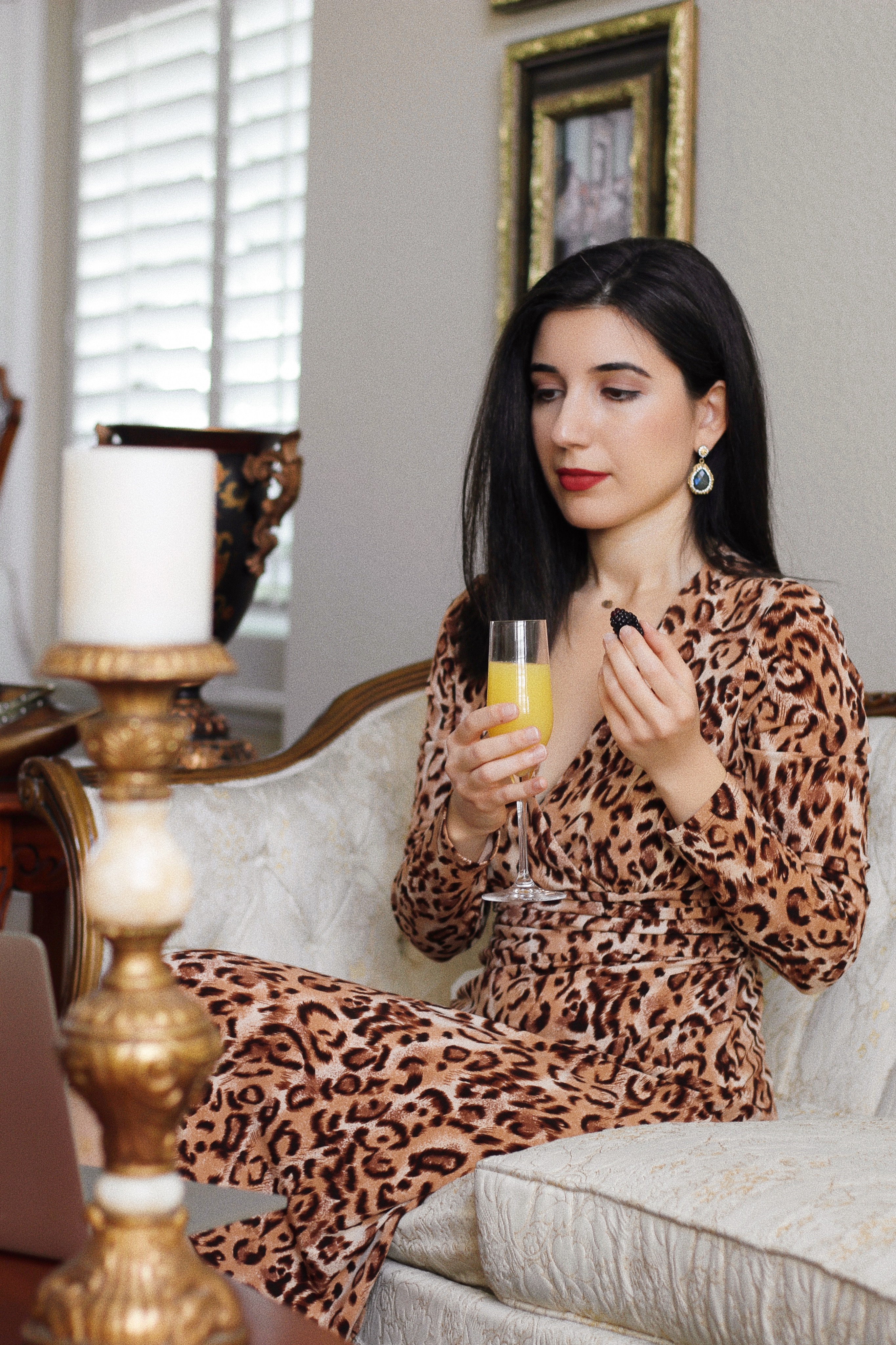 social distancing, shelter in place, together at home, I stay home for, stay home, fashion, lifestyle, Sunday brunch, Skype, Zoom, blogger besties, what I wore today, wiw, outfit of the day, ootd, at home outfit, leopard dress, cheetah print, wrap dress, red lips, winged eyeliner, vintage earrings, fashion blogger, style diary, style blogger, home lifestyle, lifestyle blogger, mimosas