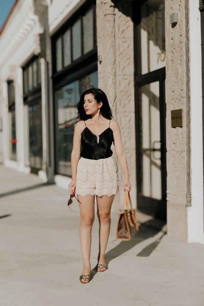 loungewear, lace shorts, black tank top, vintage shoes, Louis Vuitton, Louis Vuitton bag, lookbook, fashion blogger, fashion, summer 2020, summer 2020 style, California style, at home fashion, summer at home, at home inspiration, Los Angeles, LA blogger, LA fashion blogger, Los Angeles blog, what I wore, fashion advice, outfit of the day, vintage finds, vintage shopping, TJ Maxx