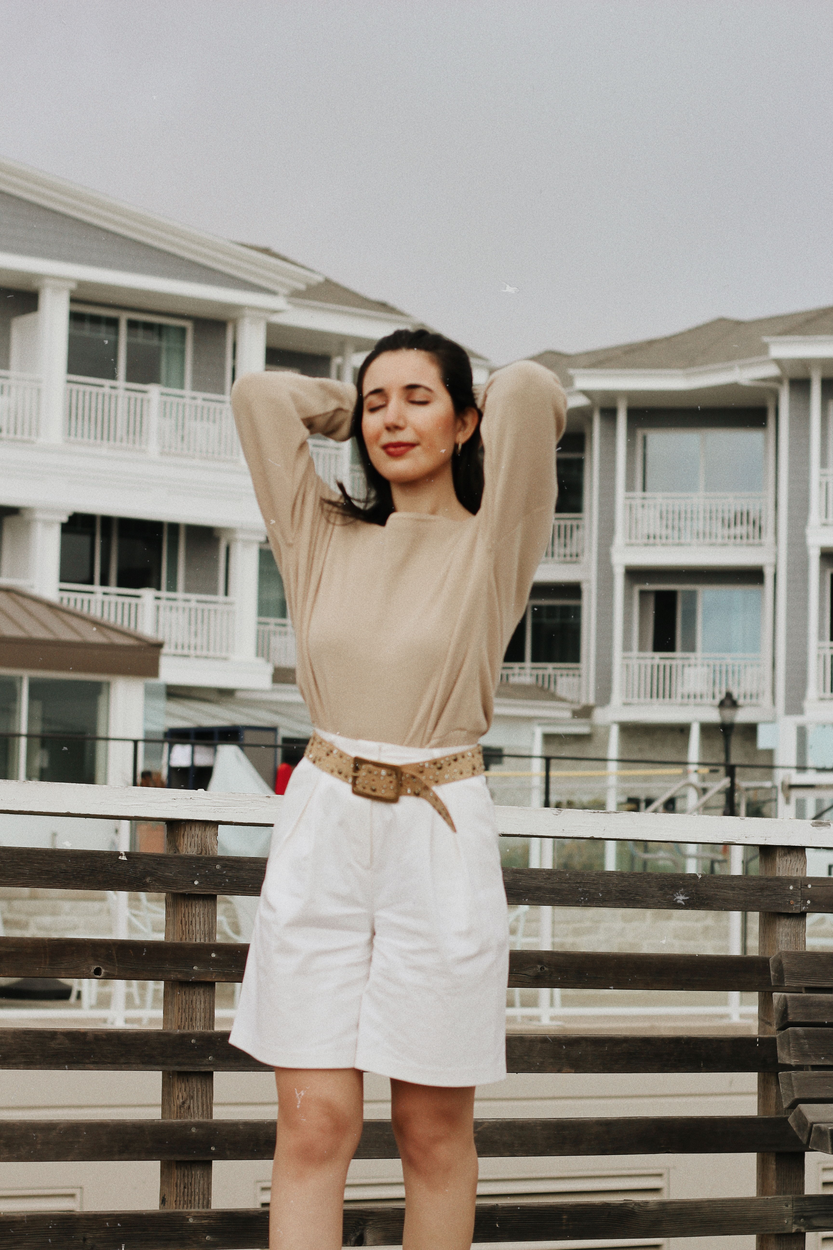 brown eyed girl, brown hair, neutrals, summer style, summer 2020, beach fashion, beach style, fashion blogger, beach look, fashion editorial, Pismo Beach, Central Coast, gold hoop earrings, monochrome style, color blocking, off duty style, Hamptons style, neutral outfit, beige outfit, luxury, Storets, Calvin Klein, metallic belt, white shorts, bermuda shorts, high waist shorts