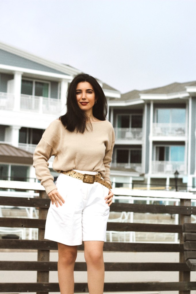 brown eyed girl, brown hair, neutrals, summer style, summer 2020, beach fashion, beach style, fashion blogger, beach look, fashion editorial, Pismo Beach, Central Coast, gold hoop earrings, monochrome style, color blocking, off duty style, Hamptons style, neutral outfit, beige outfit, luxury, Storets, Calvin Klein, metallic belt, white shorts, bermuda shorts, high waist shorts