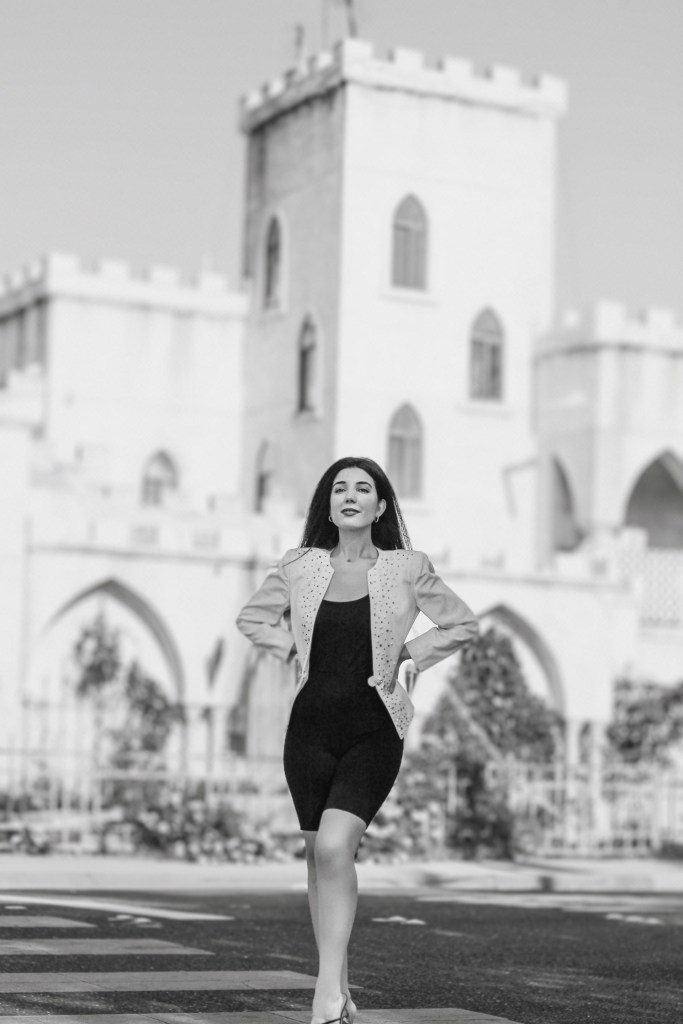 bike shorts, cycling shorts, bike short outfit, '80s style, '80s jacket, shoulder pads, white jacket, castle, fashion editorial, couture week, Balmain couture, Balmain, digital fashion week, fashion blogger, style blogger, style diary, outfit of the day, lookbook, California fashion blogger, Princess Diana style, street style