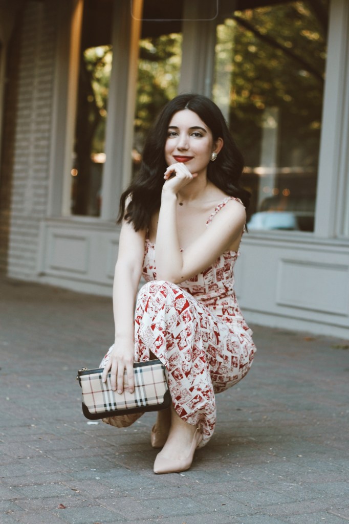 Reformation dress, summer dress, red dress, comic book dress, sundress, midi dress, sleeveless dress, sustainable fashion, ethical fashion, sustainable style, ootd, outfit of the day, birthday, birthday outfit, summer outfit, nude pumps, Burberry, clutch, fashion editorial, red lipstick, Colourpop Cosmetics, vintage earrings, vintage jewelry, fashion blogger, California blogger, Los Angeles blogger, style blogging, vintage fashion blogger