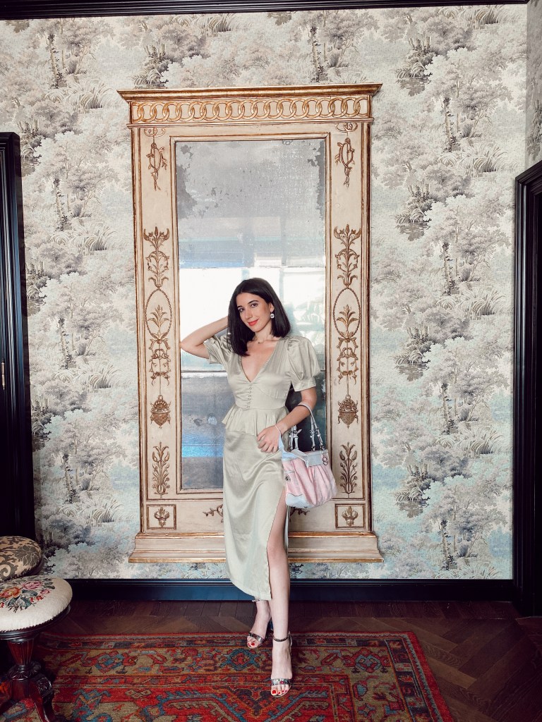 Gucci Osteria de Massimo Bottura, Gucci, Gucci restaurant, Beverly Hills, Beverly Hills City Hall, fashion blogger, luxury lifestyle, Danielle Bernstein, Danielle Bernstein Collection, strappy heels, jacquard, polka dot dress, dress with slits, fashion editorial, Tezza App, outfit of the day, vintage outfit, vintage dress, vintage fashion blogger, puffy sleeves, Los Angeles, LA blogger, lifestyle, restaurant review