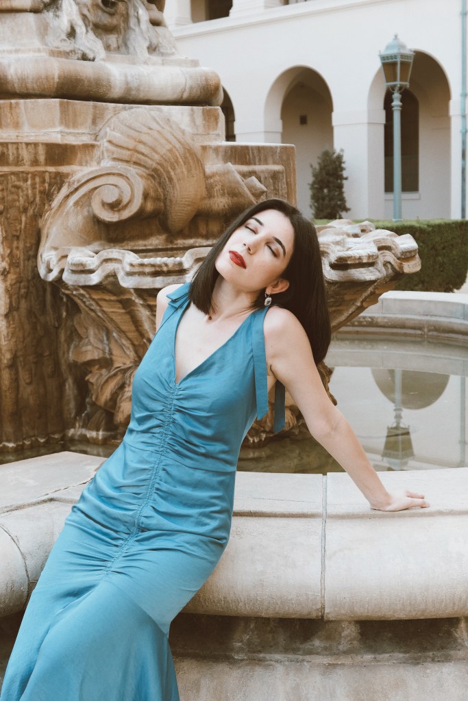 Pasadena, Pasadena City Hall, Jeffrey Campbell, blue dress, mermaid dress, cocktail dress, ruched fabric, ruches dress, see through heels, strappy heels, Lucy Paris, California, fashion blogger, fashion, outfit of the day, lookbook, look of the day, style diary, think positive